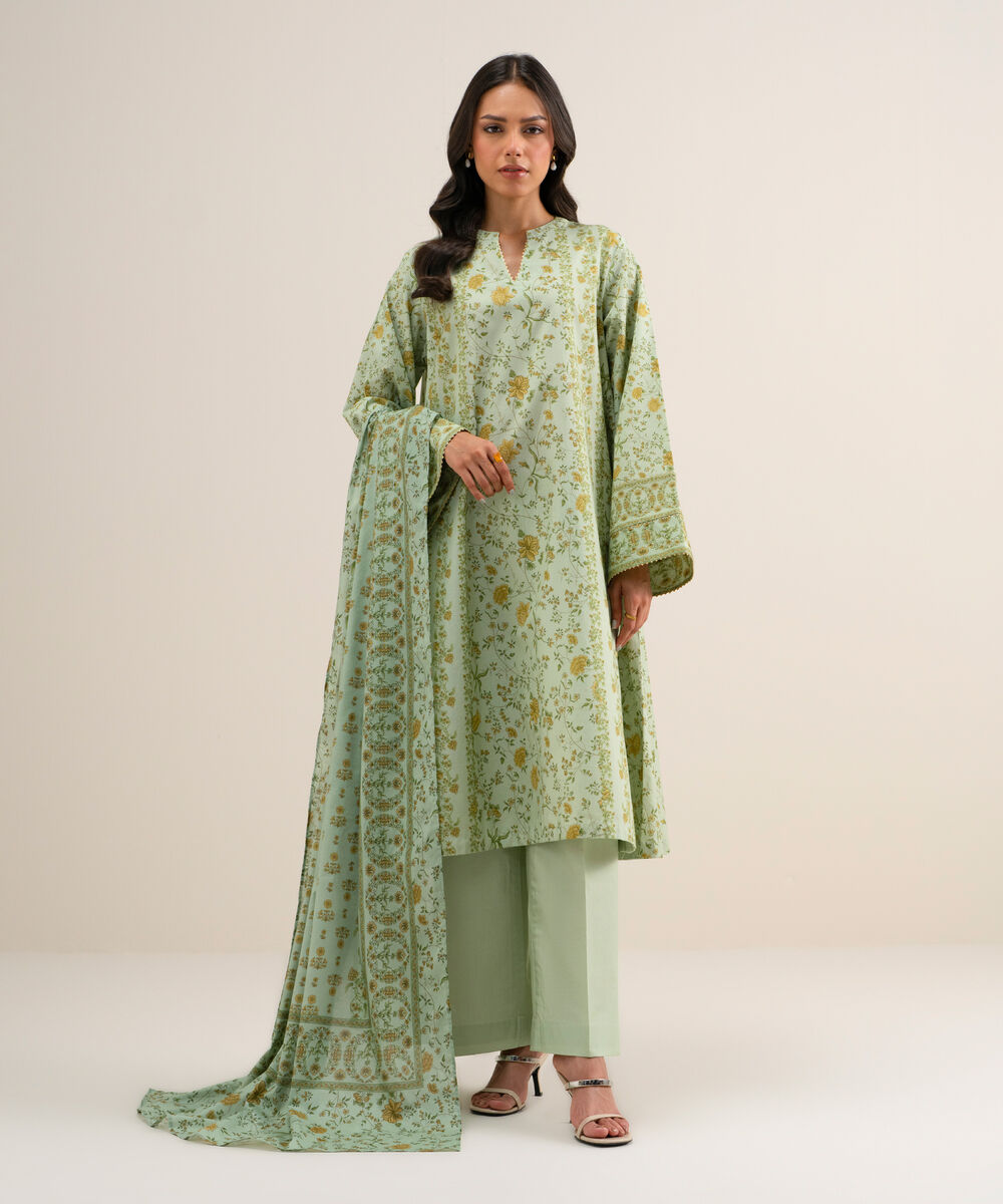 Women's Unstitched Printed Cotton Viscose Light Mint 3 Piece Suit
