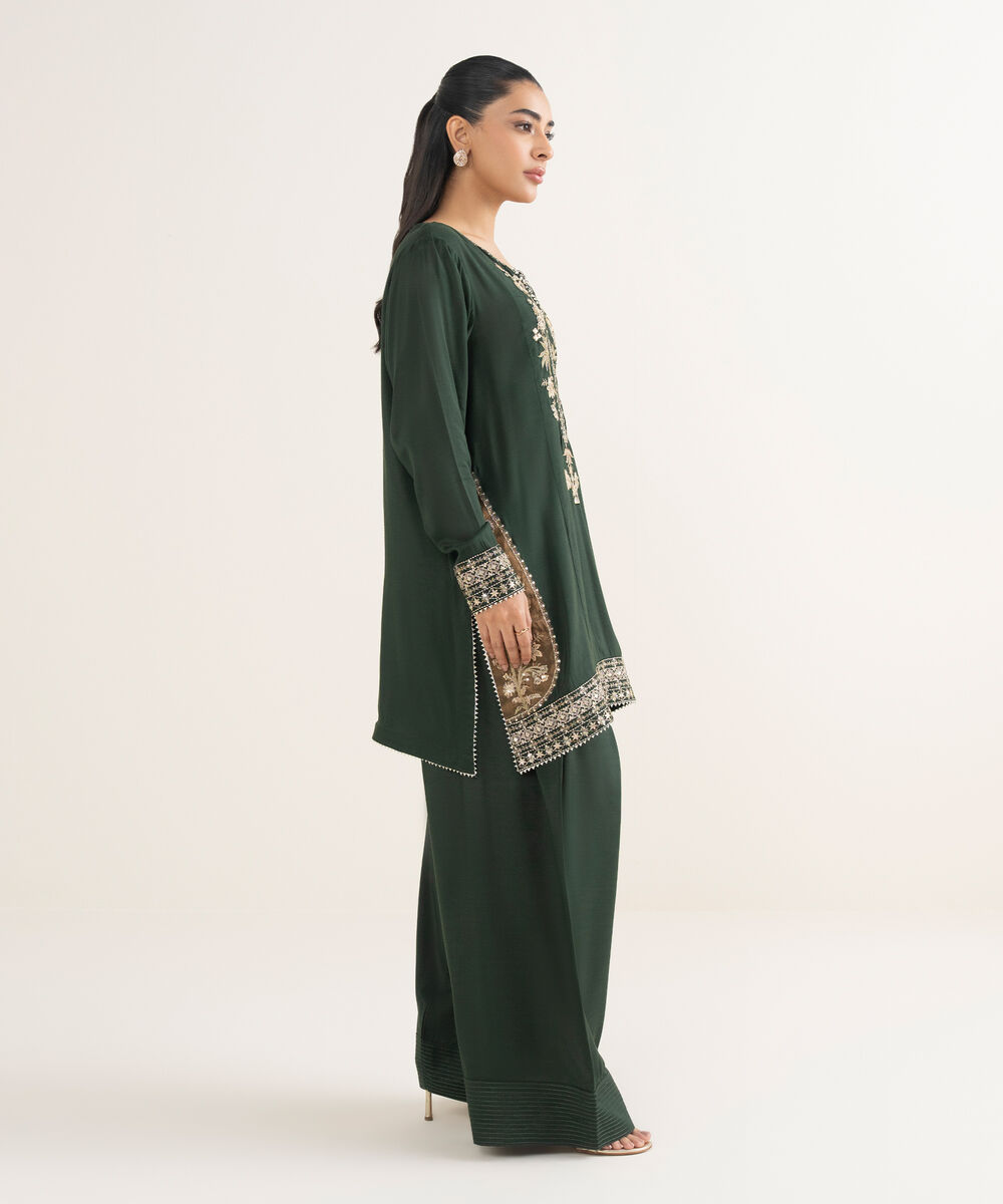 Women's RTW Viscose Raw Silk Embroidered Green 2 Piece Suit