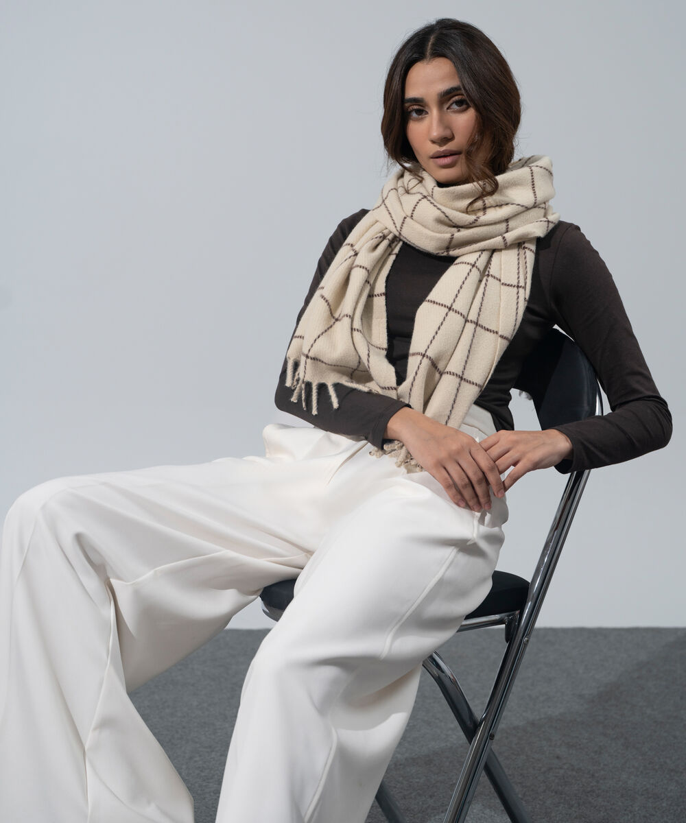 Women's Western Wear Off-White Checkered Woolen Scarf