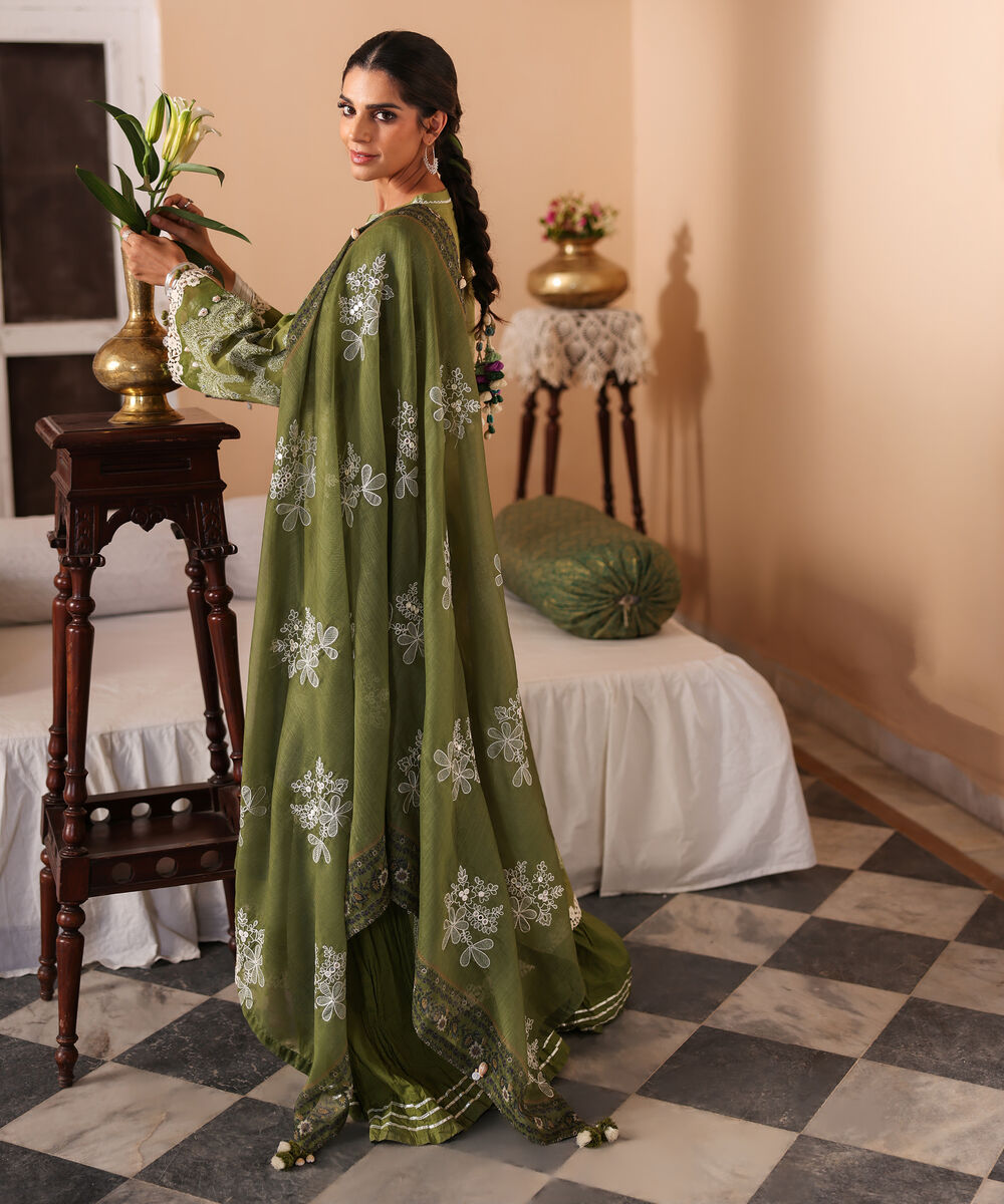 Women's Unstitched Lawn Embroidered Green 3 Piece Suit