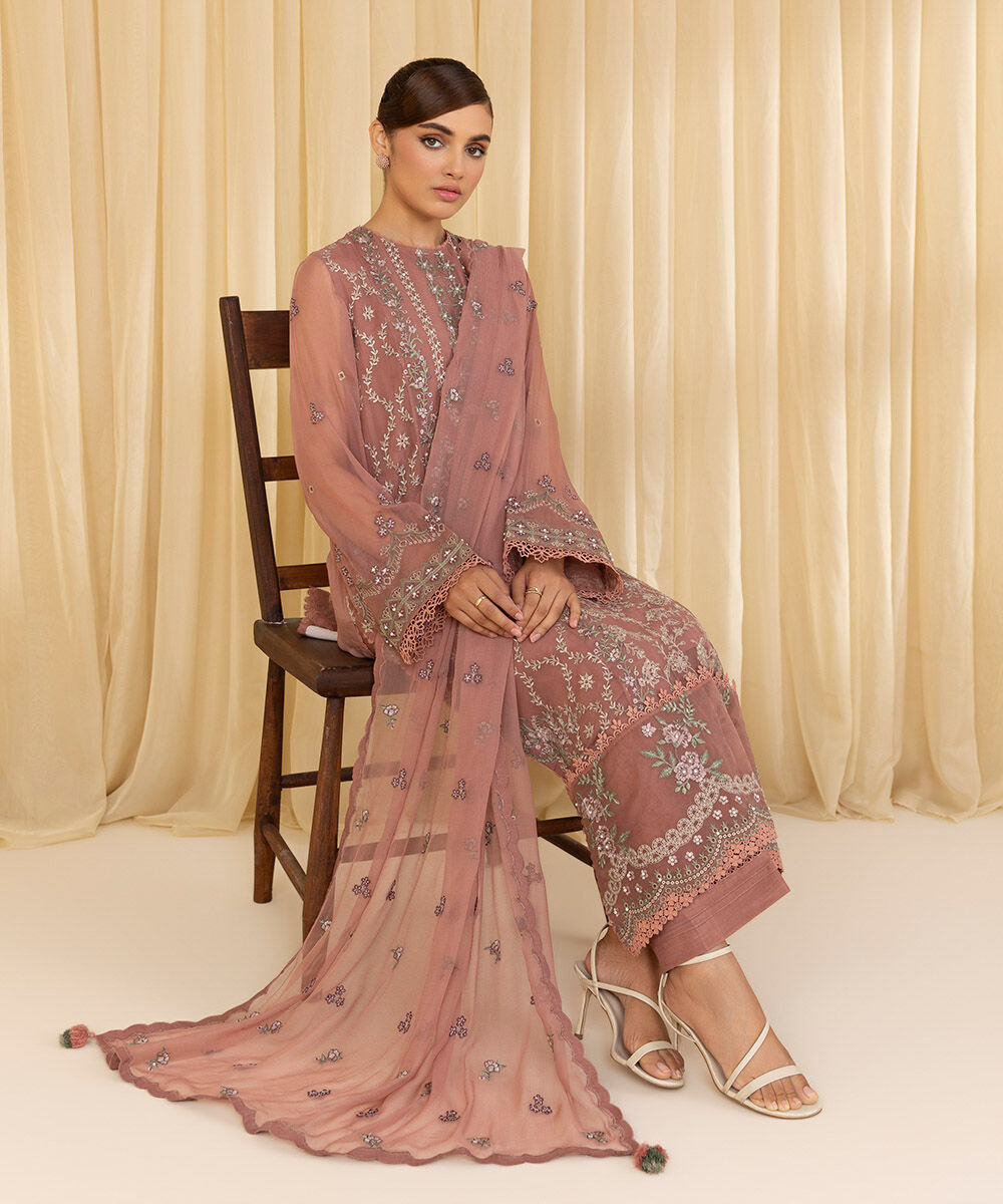 3 Piece Chiffon Embroidered Suit | Fl0046