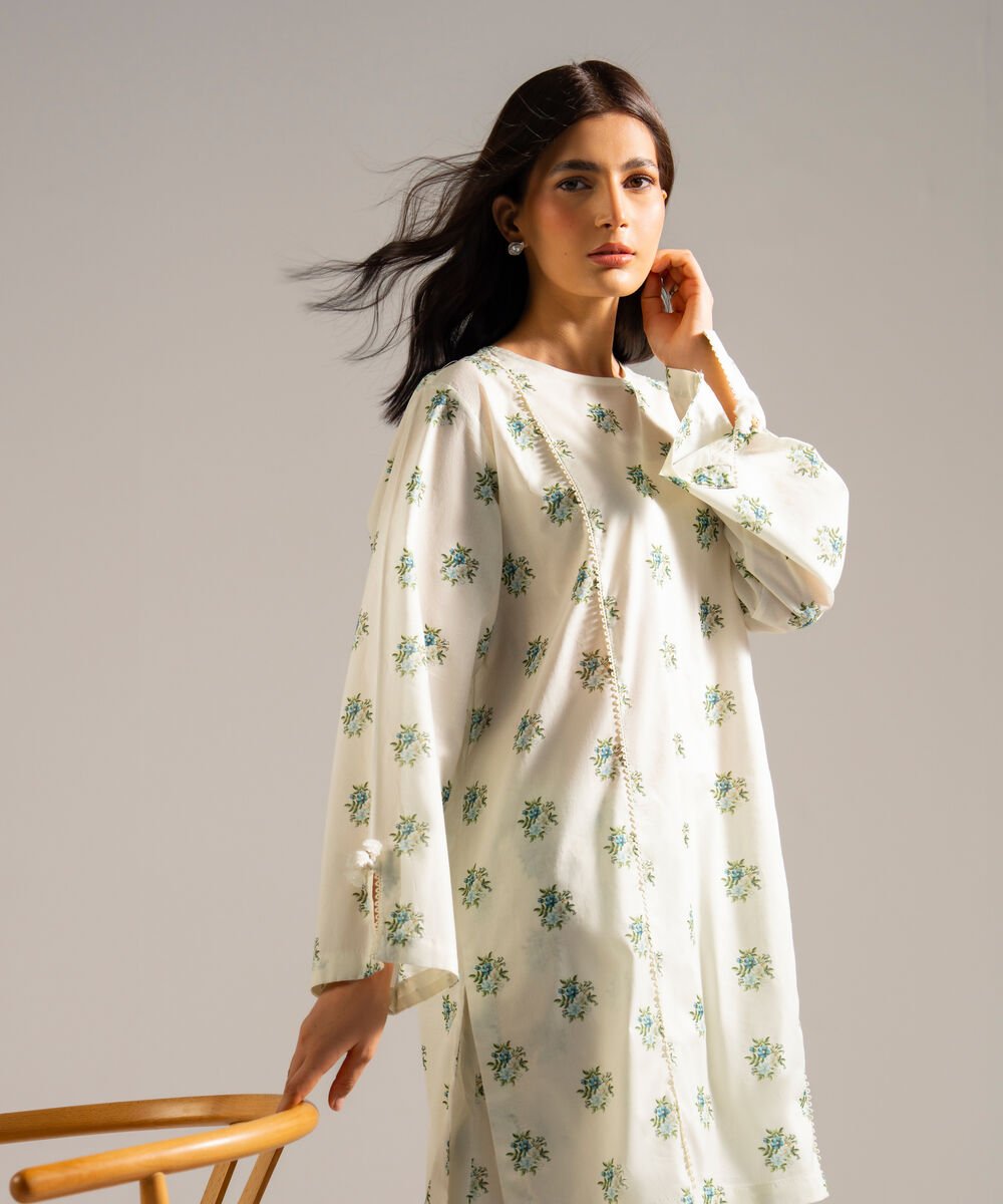 Women's RTW Lawn Printed Off White Straight Shirt