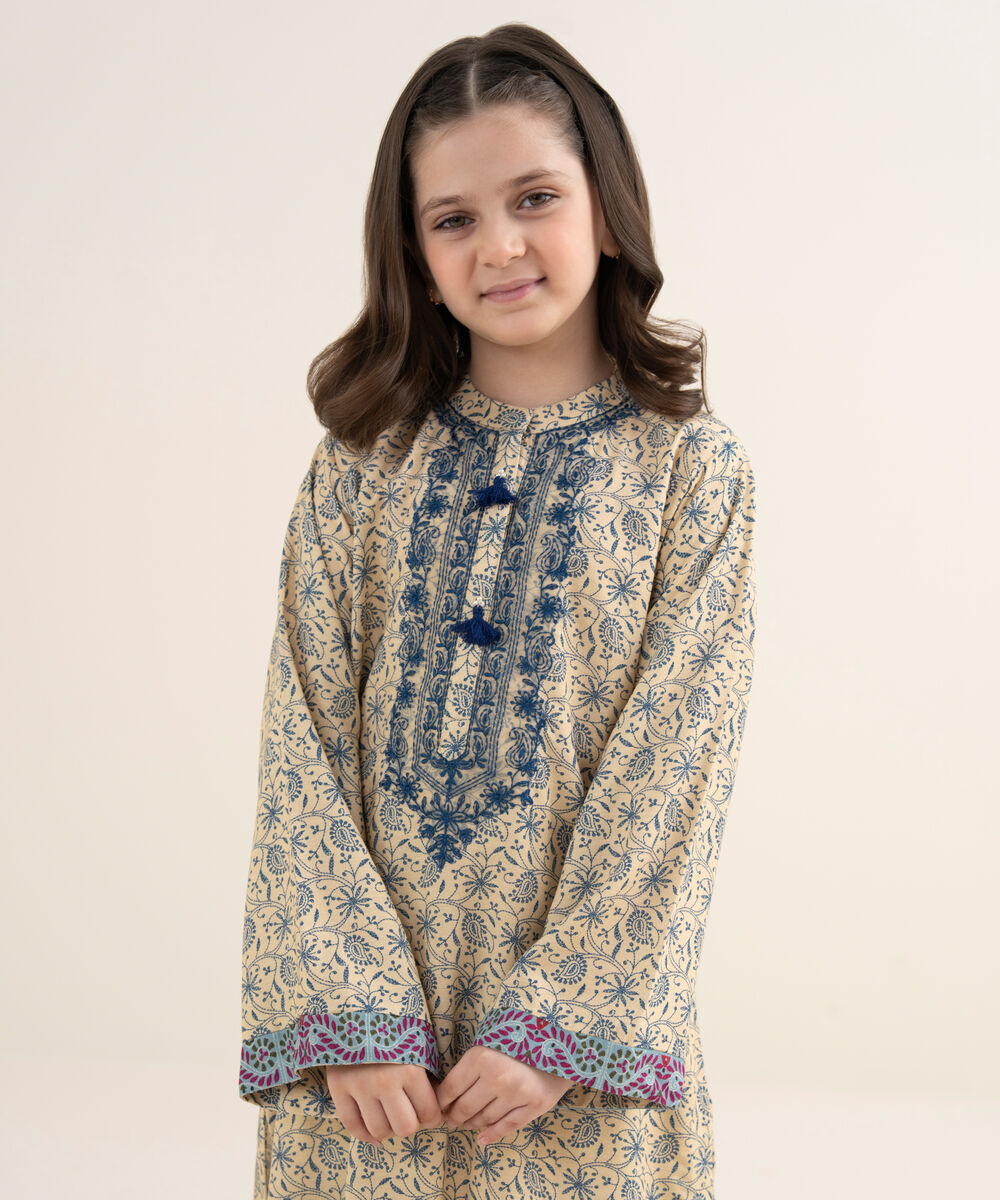 Girl's Herringbone Embroidered Beige 2 Piece Set