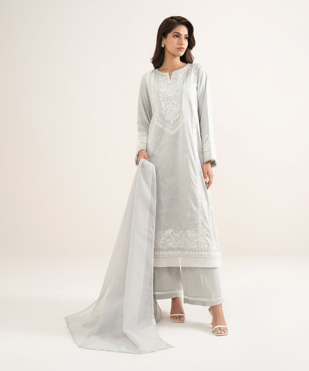 Women's RTW Lawn Embroidered Grey A-Line Shirt