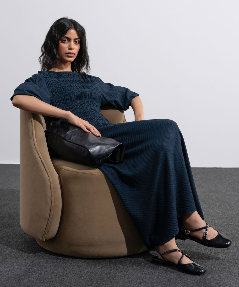 Women's Blue  Smocked Seersucker Dress