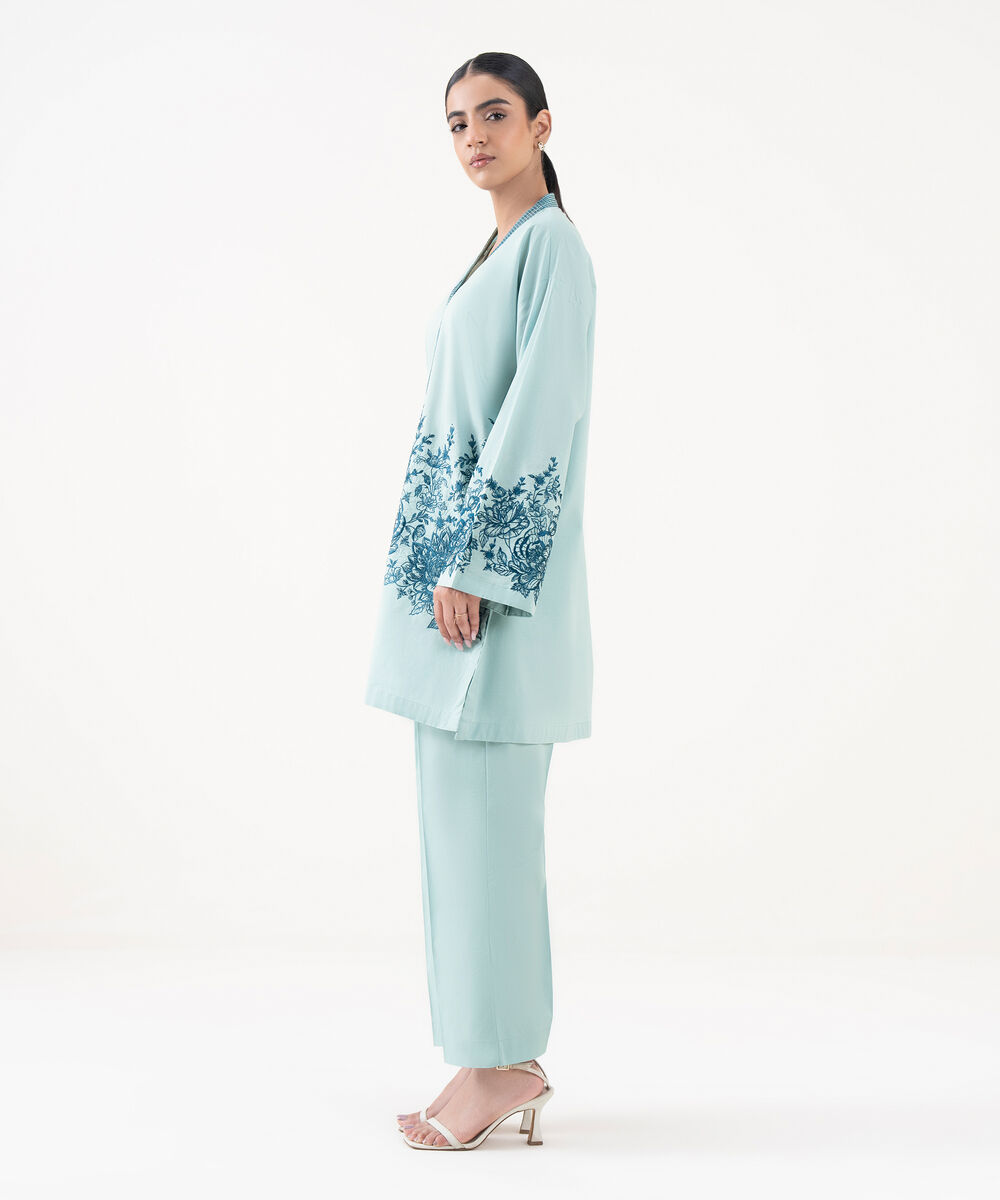 Women's RTW Textured Lawn Blue Embroidered A-Line Shirt