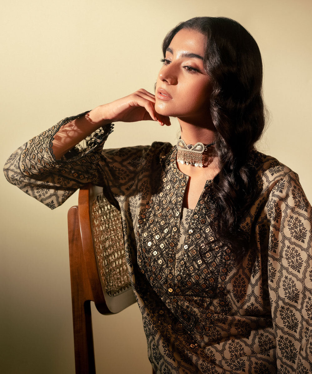 Women's Pret Lawn Brown Printed Embroidered A-Line Shirt