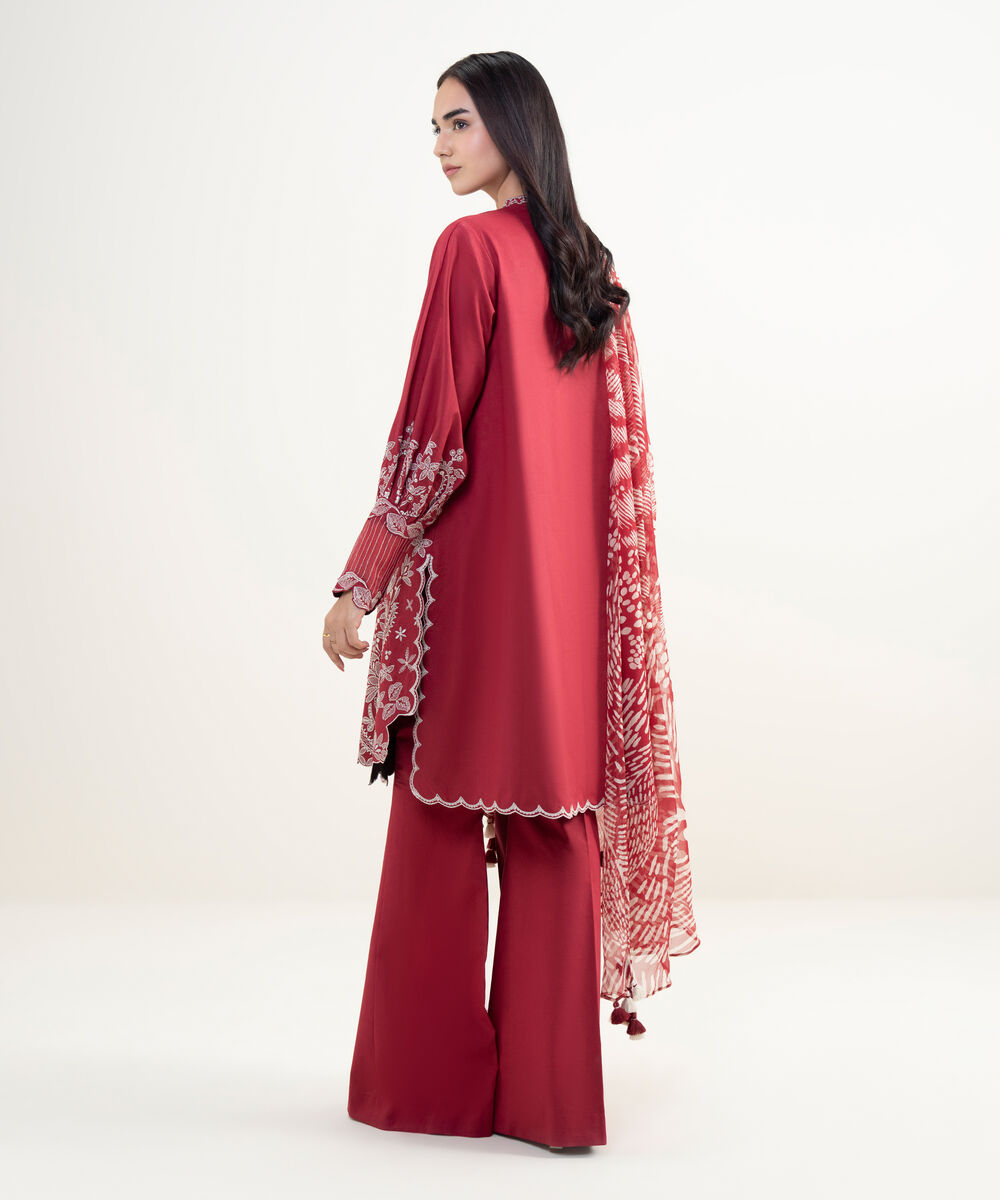 Women's Unstitched Textured Lawn Embroidered Red 3 Piece Suit