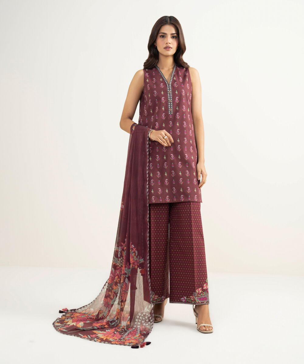 Women's Unstitched Lawn Printed Red 3 Piece Suit