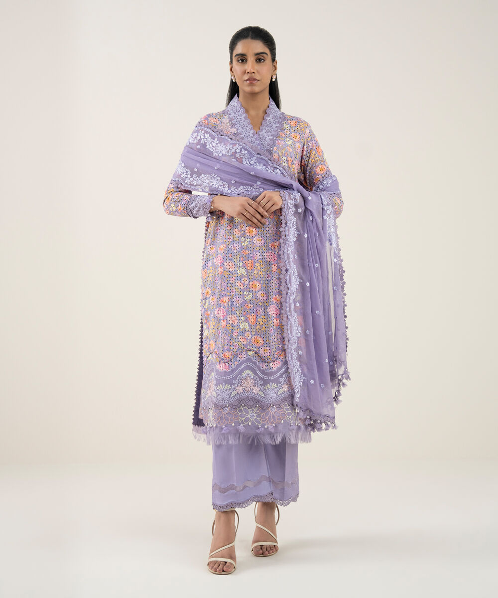 Women's Unstitched Cotton Embroidered Purple 3 Piece Suit