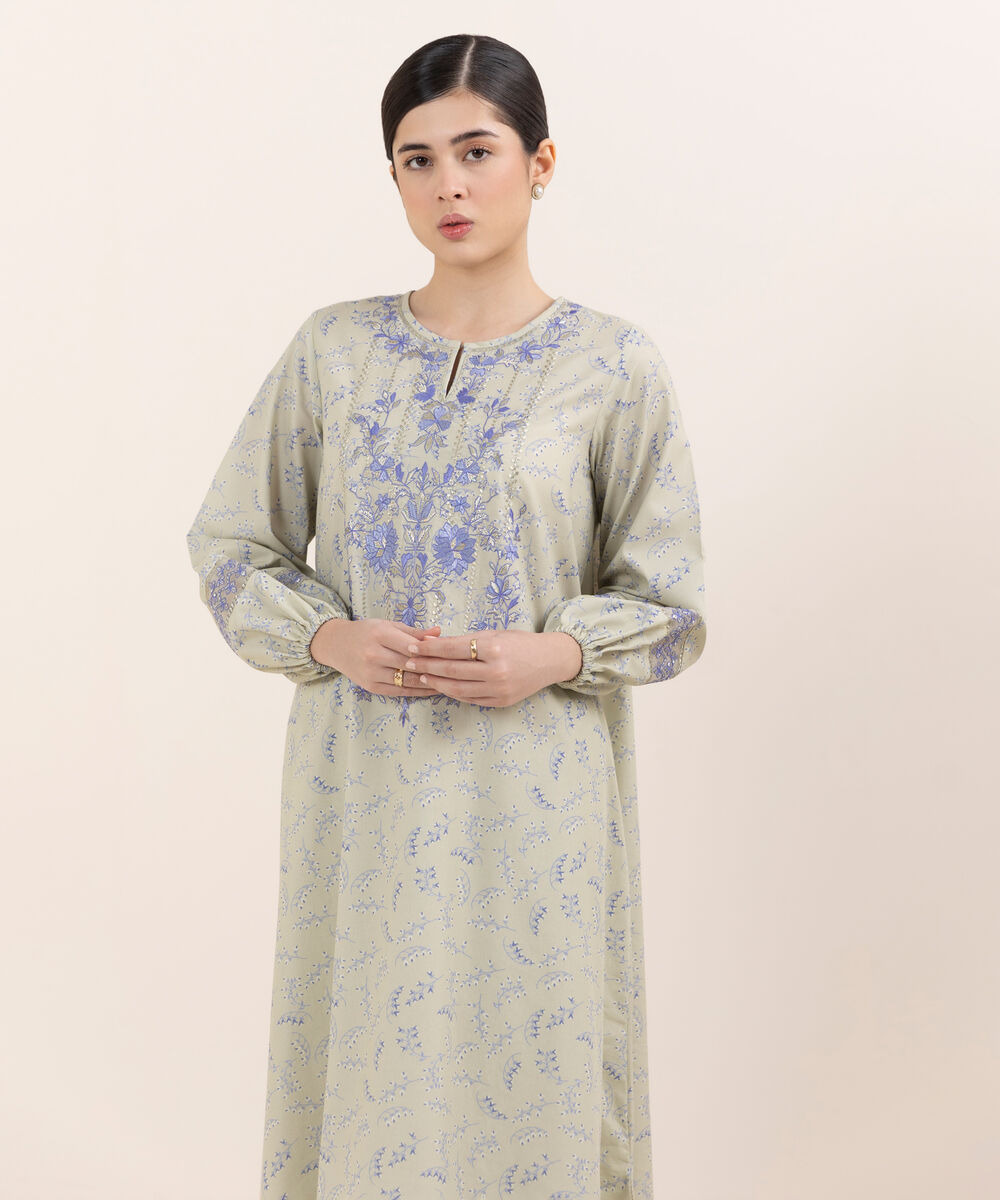 Women's Unstitched Cotton Embroidered Green Two Piece Suit