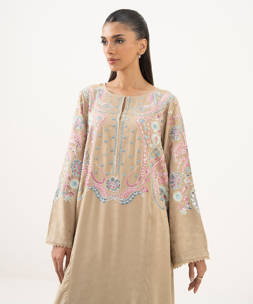 Women's RTW Textured Viscose Embroidered A-Line Beige Shirt