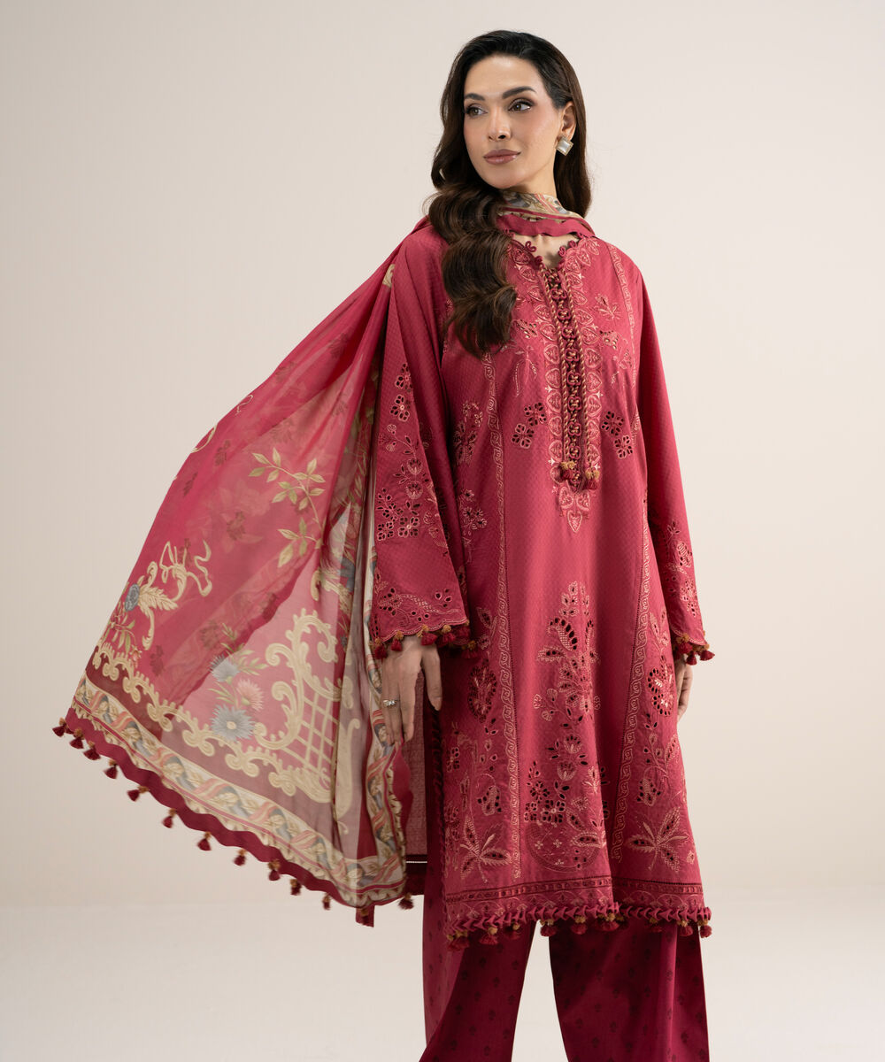 Women's Unstitched Embroidered Dobby Red 3 Piece Suit