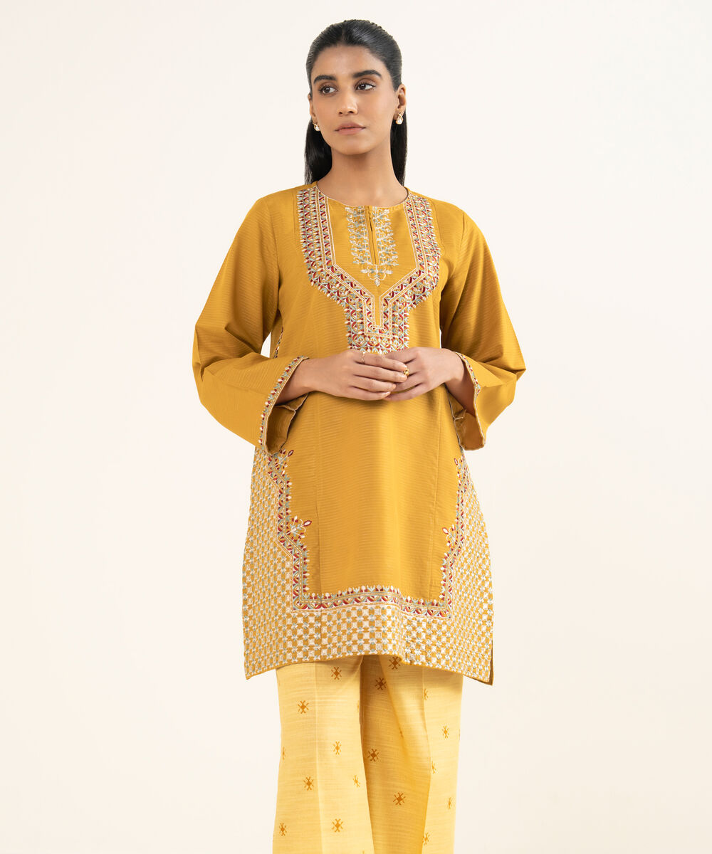 Women's RTW Light Khaddar Embroidered Mustard Straight Shirt