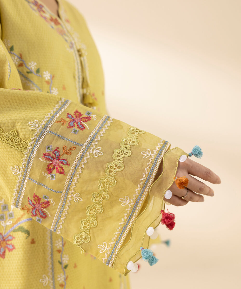 Women's Unstitched Dobby Embroidered Yellow 3 Piece Suit