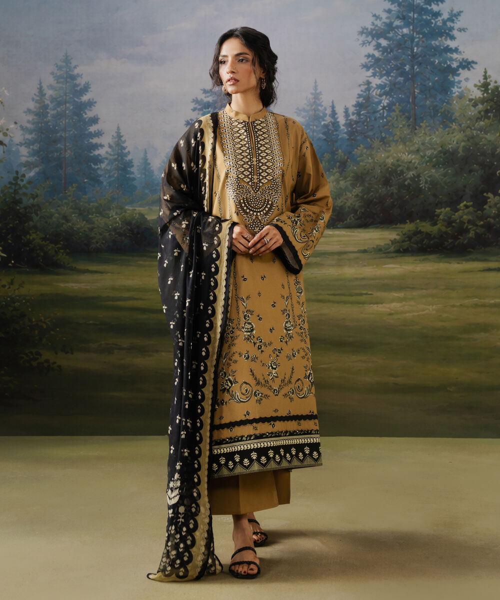 Women's Unstitched Cotton Embroidered Yellow