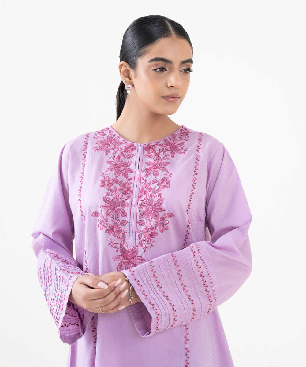 Women's RTW Textured Lawn Lilac Embroidered Boxy Shirt