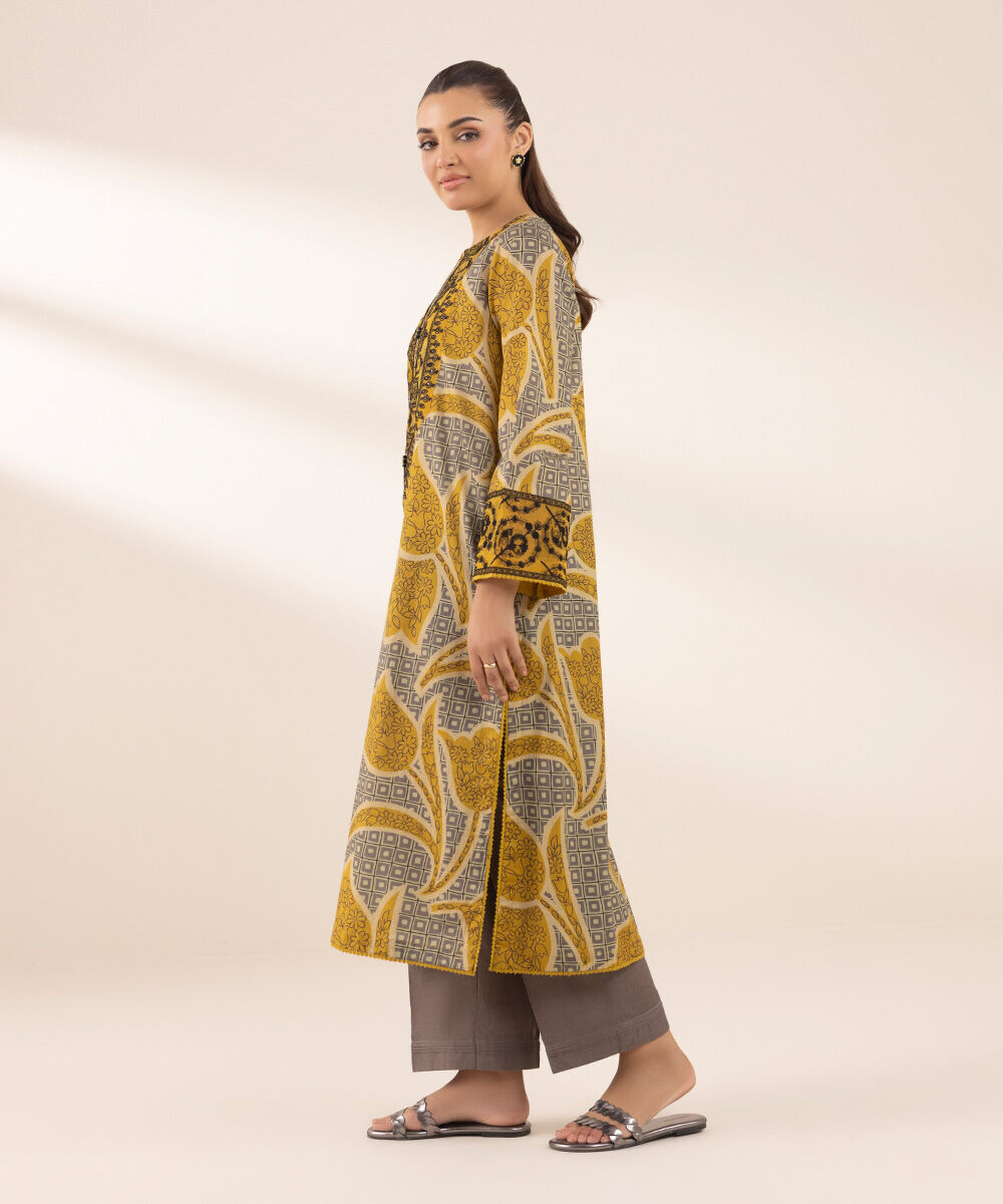 Women's RTW Textured Lawn Multi Embroidered A-Line Shirt