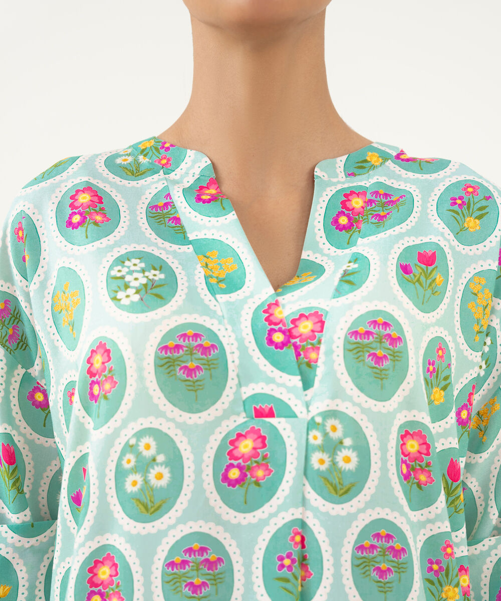 Women's RTW Linen Viscose Printed Turquoise Drop Shoulder Shirt