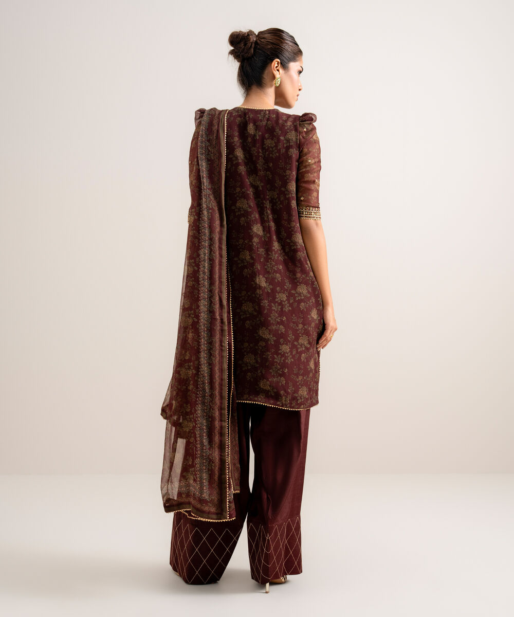 Women's Unstitched Embroidered Blended Chiffon Red 3 Piece Suit