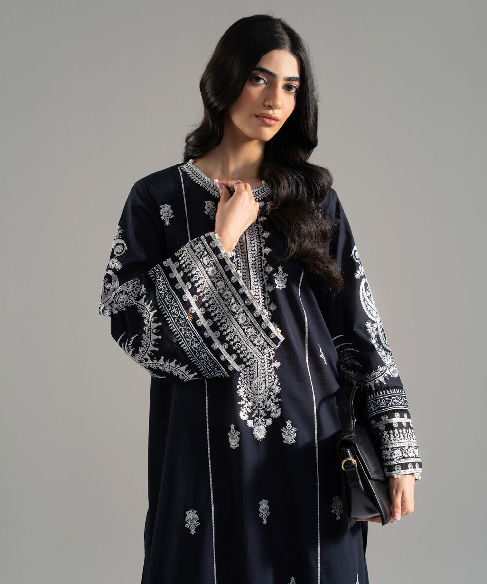 Women's RTW Solid Embroidered Cross Hatch Black A-Line Shirt