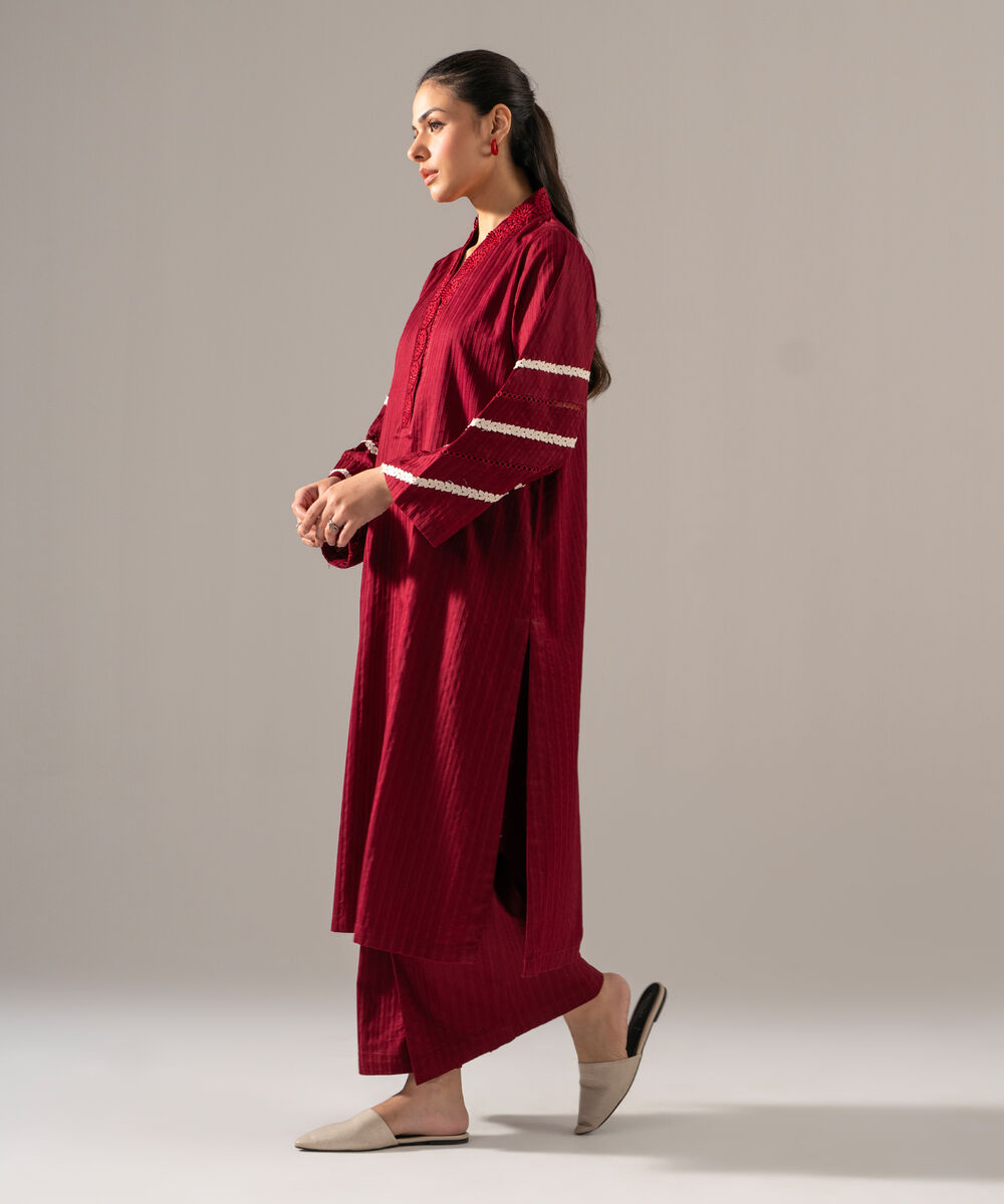 Women's RTW Dobby Strip Solid Maroon 2 Piece Suit