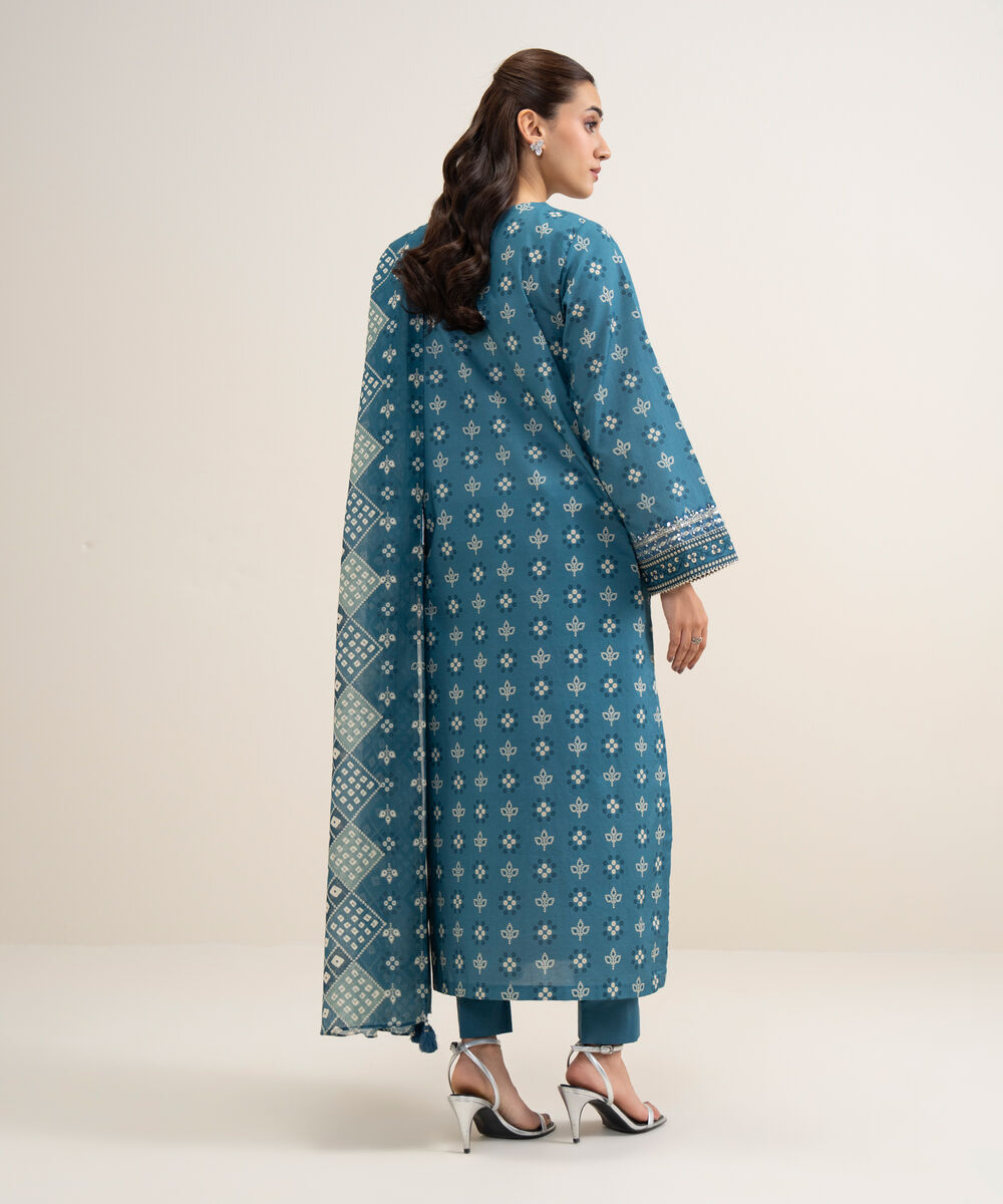 Women's Unstitched Lawn Embroidered Teal Dark 3 Piece Suit