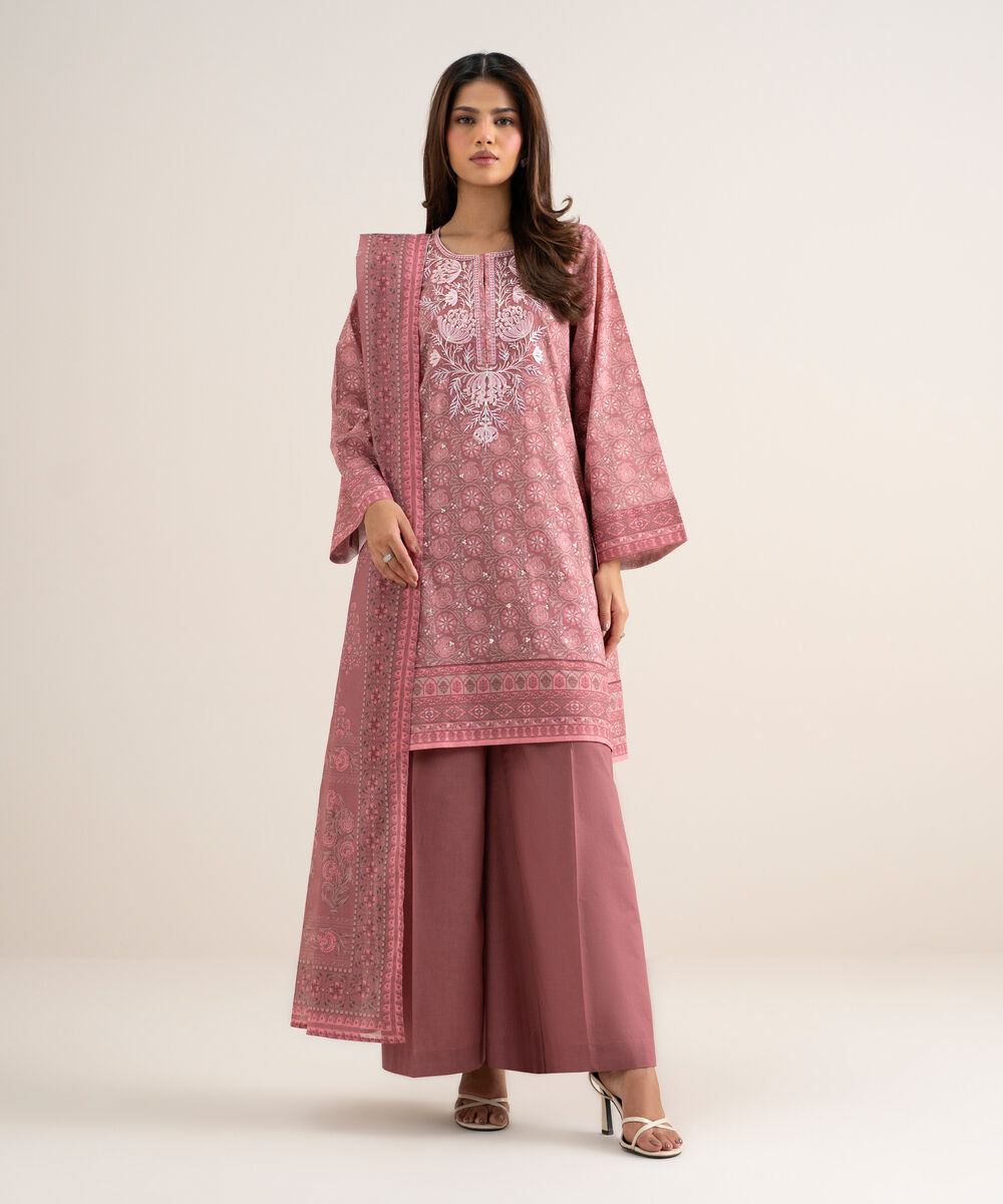 Women's Unstitched Lawn Embroidered Dark Tea Pink 3 Piece Suit