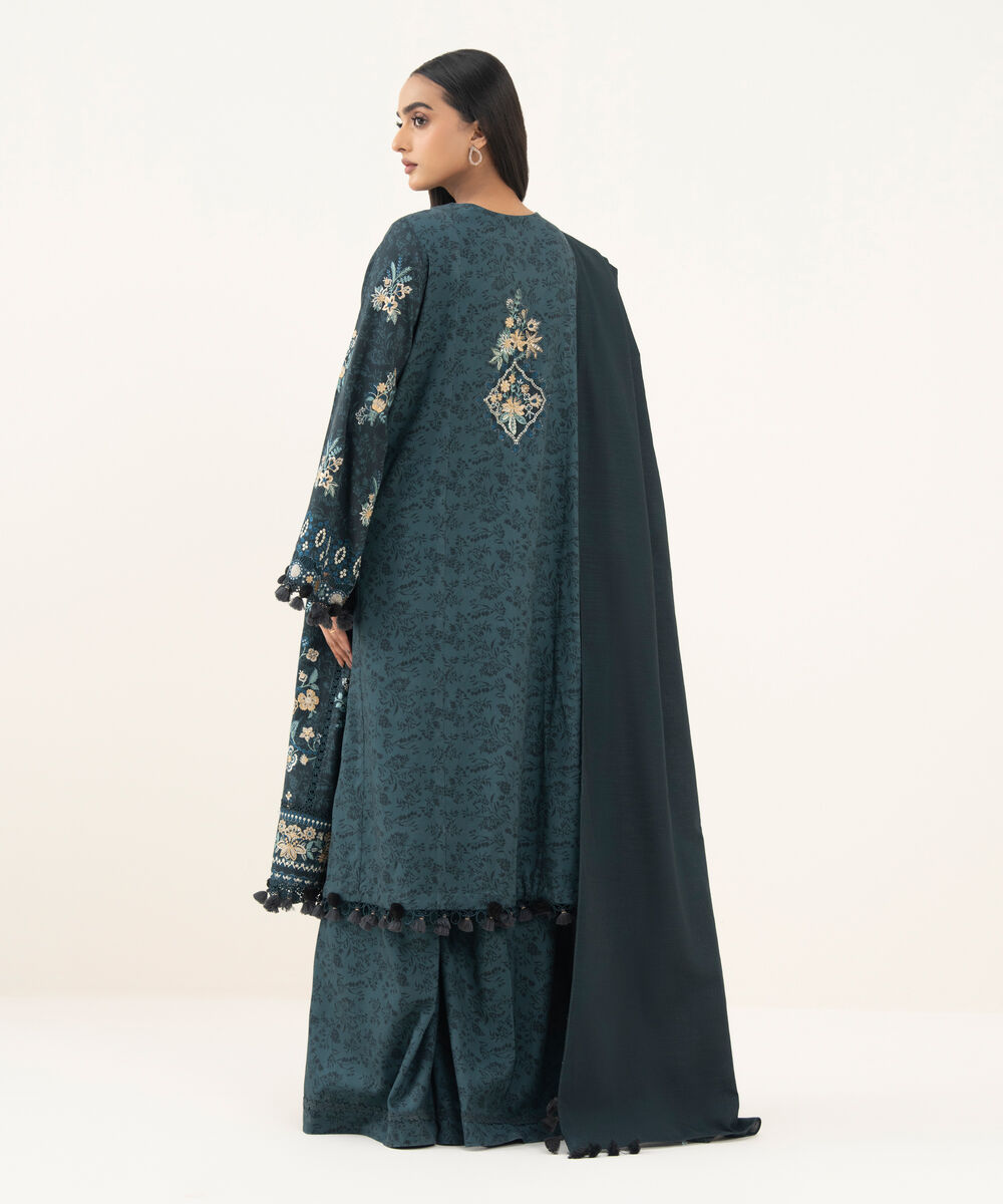 Women's Unstitched Embroidered Twill Teal Green 3 Piece Suit