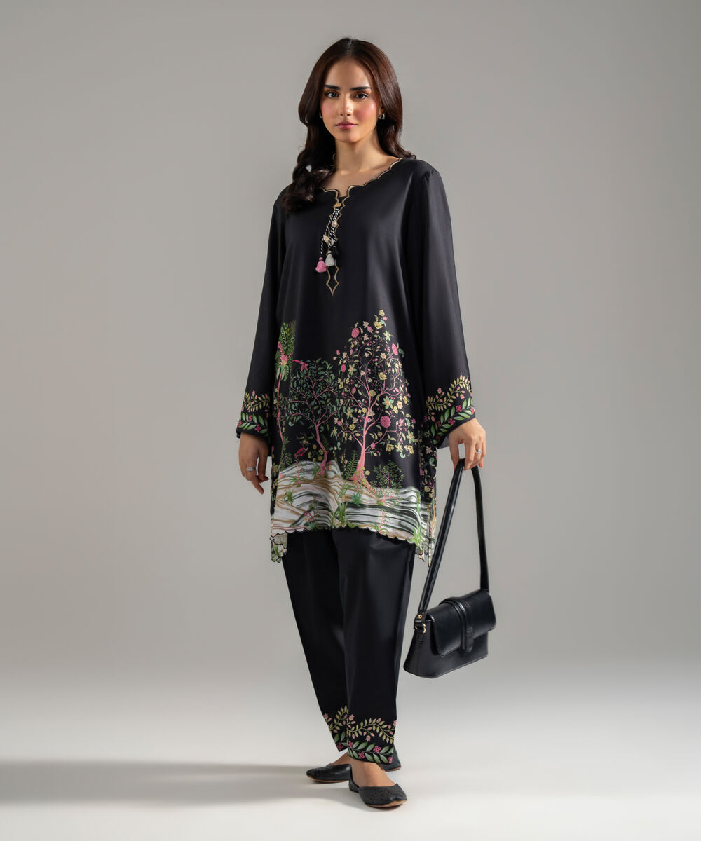 Women's RTW Arabic Lawn Printed Black Straight Shirt