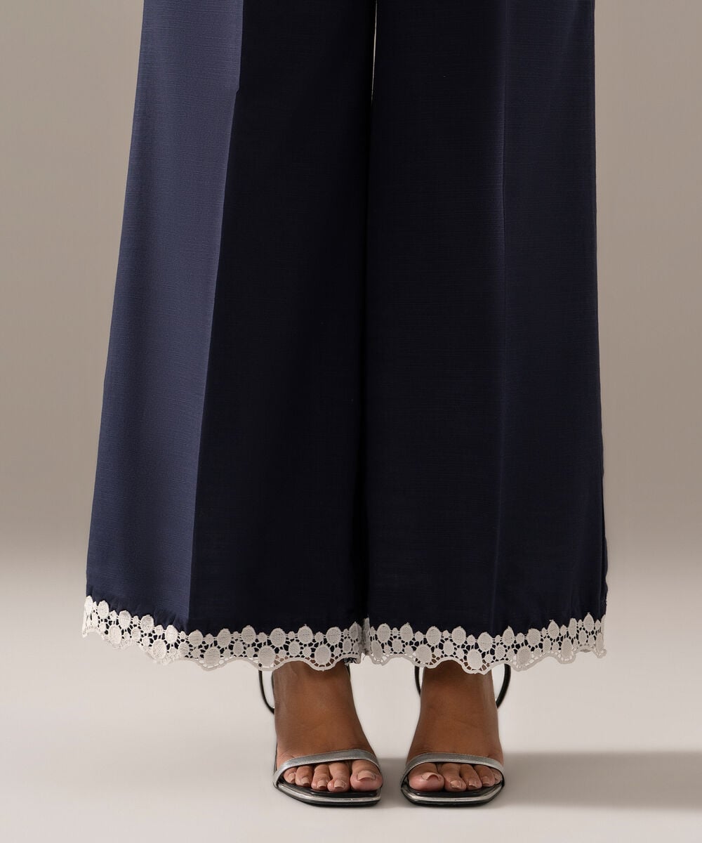 Women's RTW Khaddar Solid Blue Flared Pants