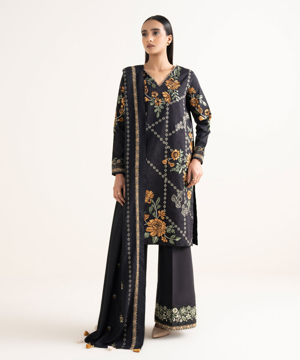 Women's Unstitched Cotton Jacquard Embroidered Black 3 Piece Suit