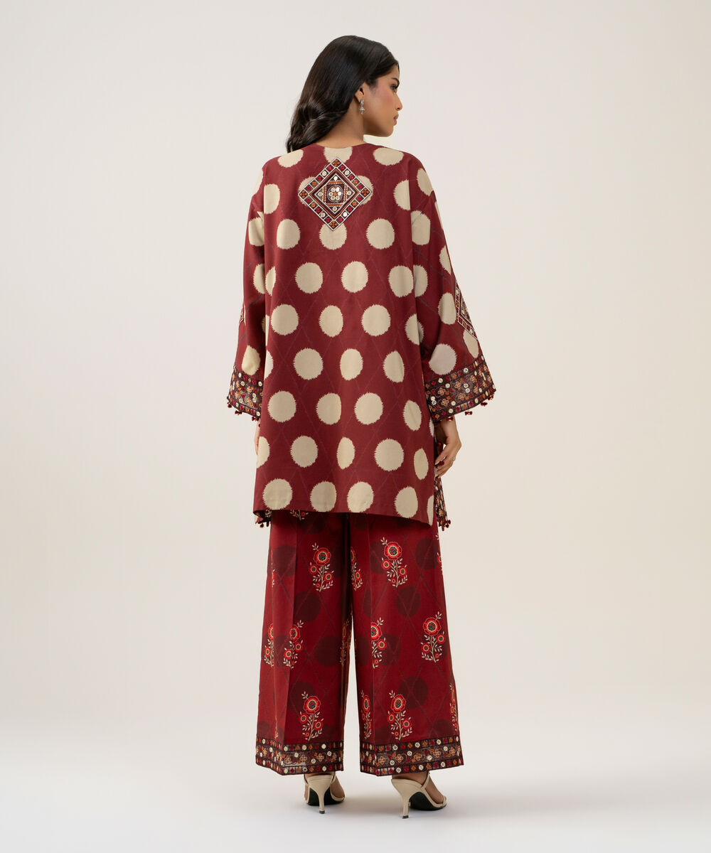 Women's Unstitched Linen Embroidered Maroon 2 Piece Suit