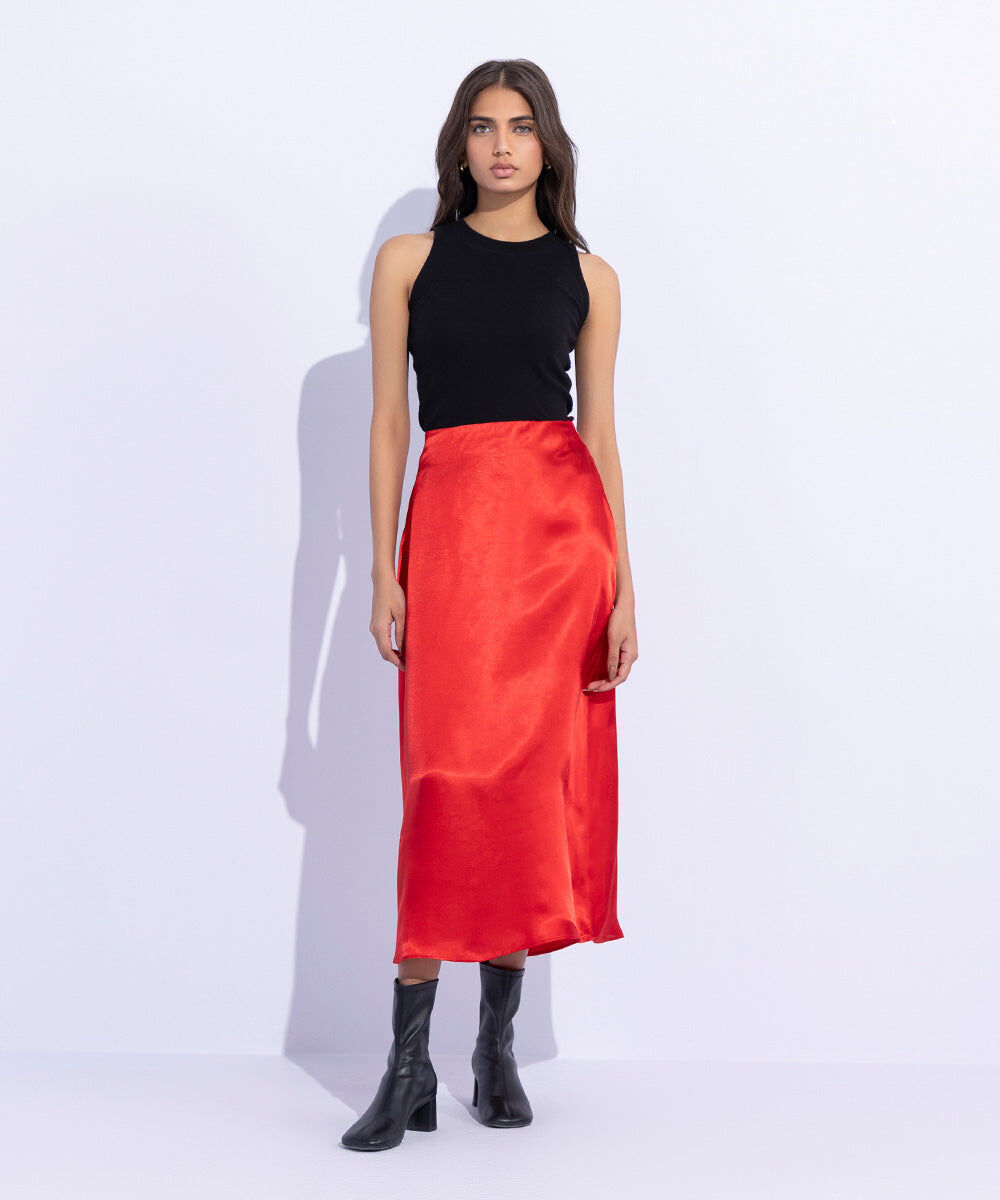 Woman - Red Satin Skirt