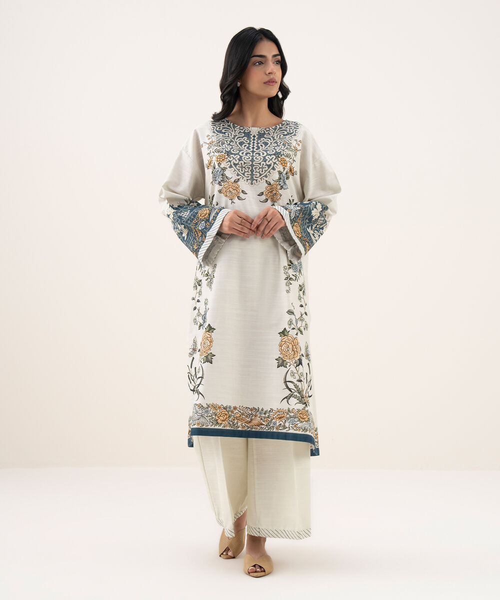 Women's RTW Cotton Printed A-Line White Shirt