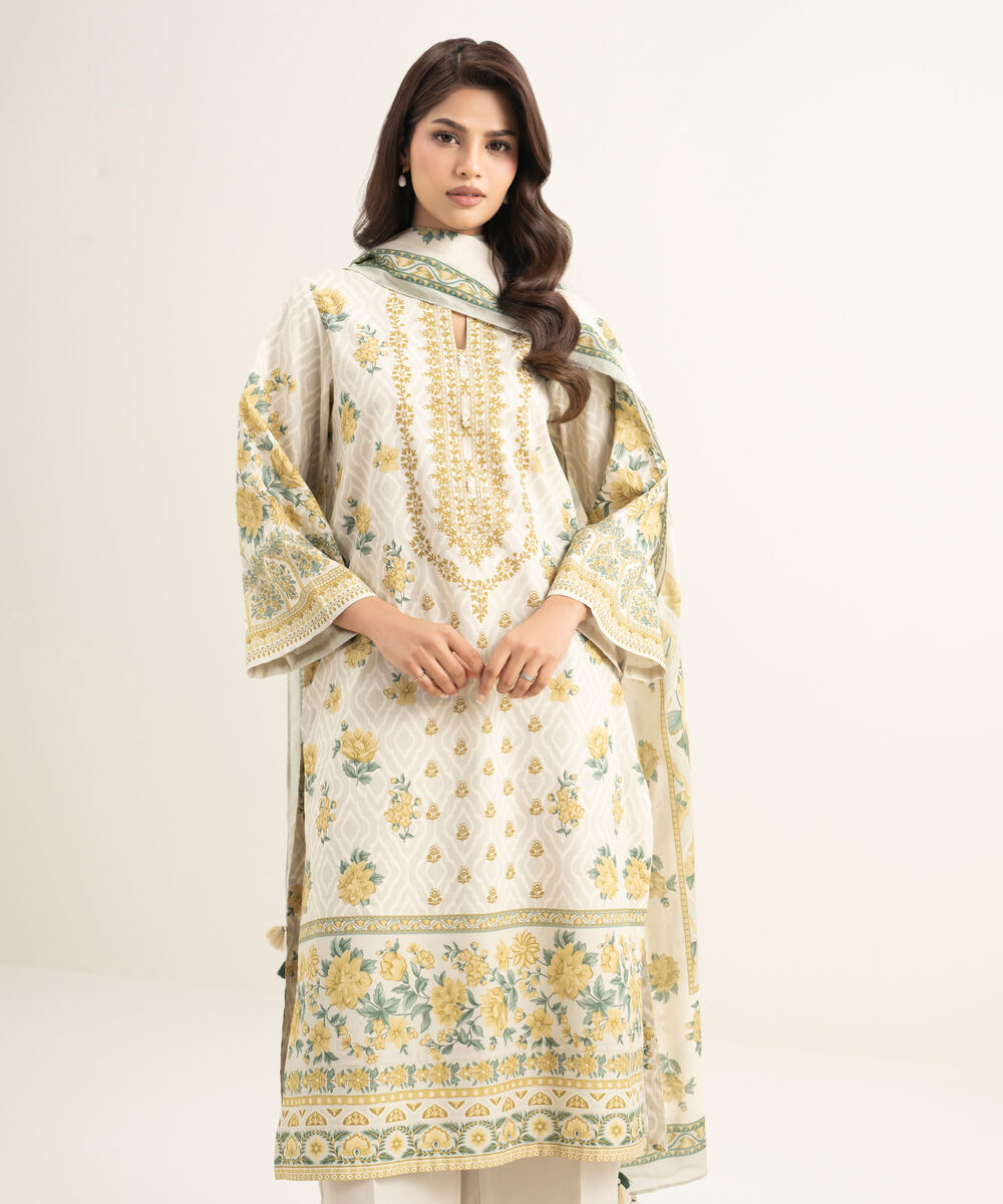 Women's Unstitched Lawn Printed Beige 3 Piece Suit
