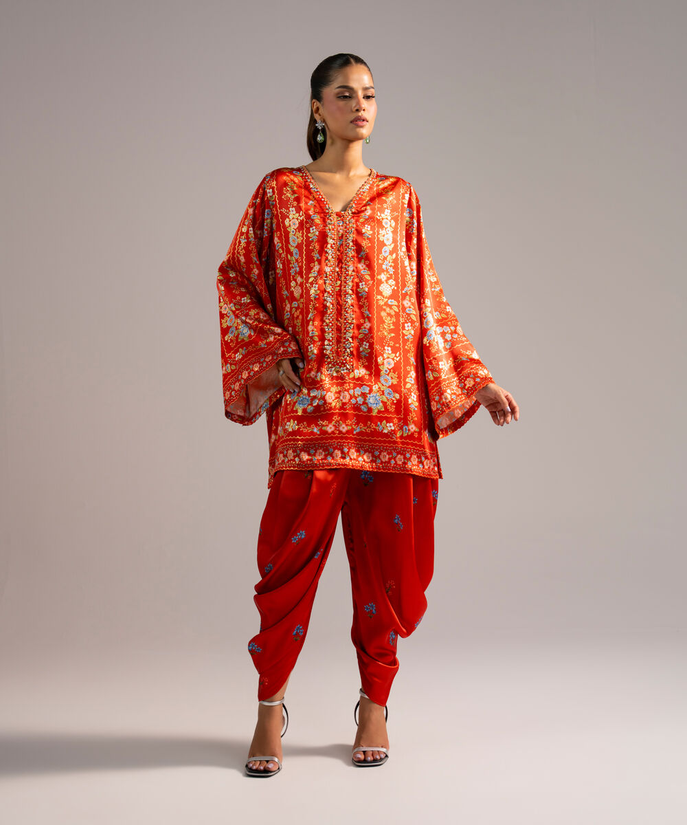 Women's RTW Blended Satin Printed Rust 2 Piece Suit