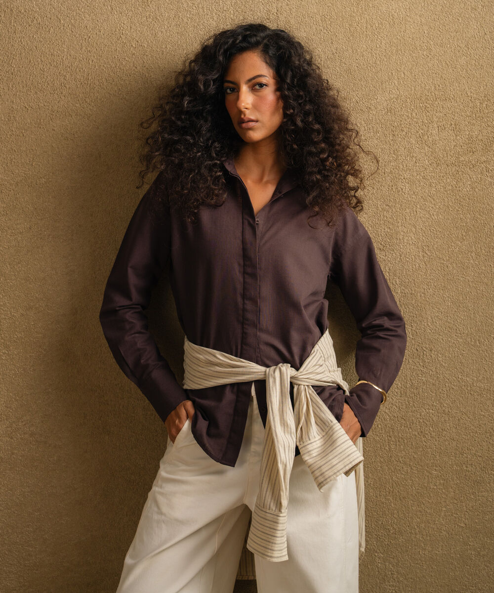 Women's Brown Button Through Linen Blend Shirt
