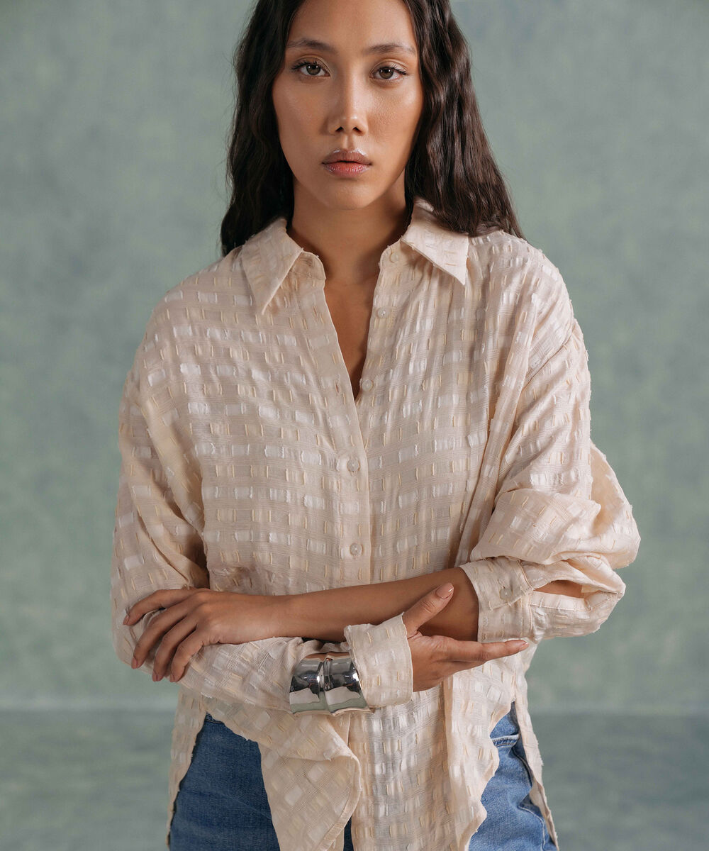 Women's Western Wear Beige Textured Shirt