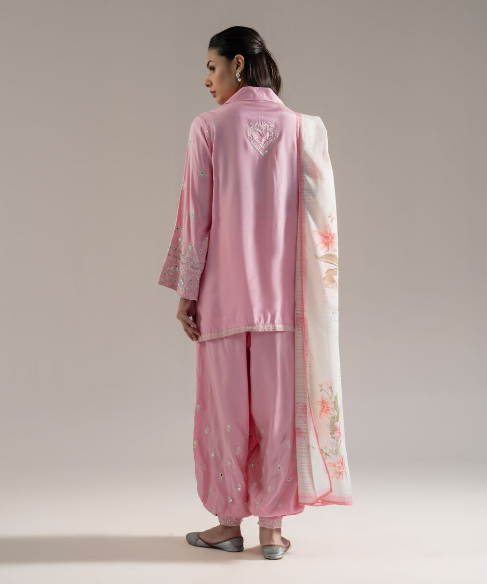 Women's RTW Solid Embroidered Pink Plain Silk 3 Piece Suit