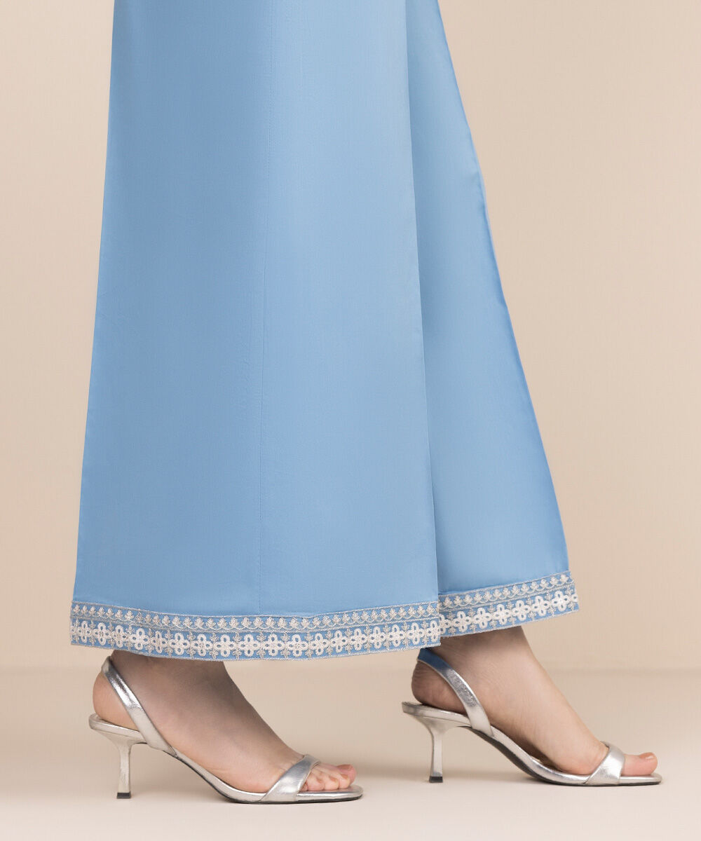 Women's RTW Cotton Satin Blue Embroidered Flared Pants