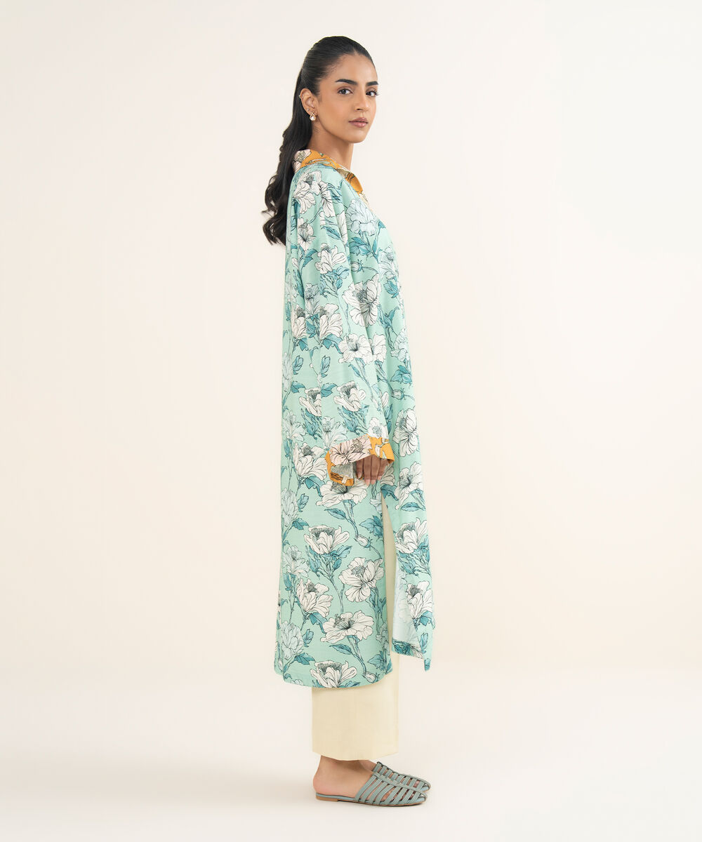 Women's RTW Herringbone Printed Turquoise Straight Shirt