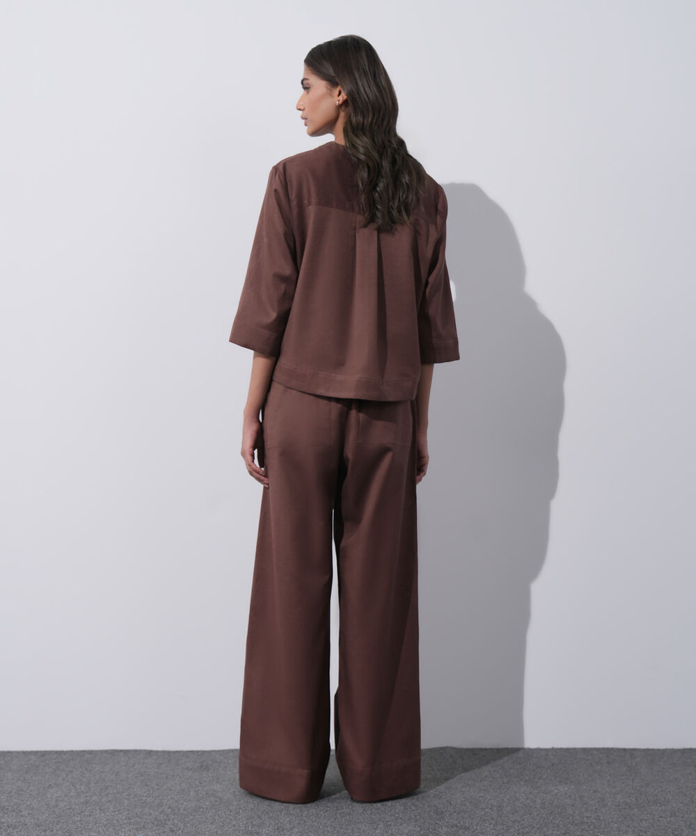 Women's Western Wear Brown V-Neck Linen Blend Shirt