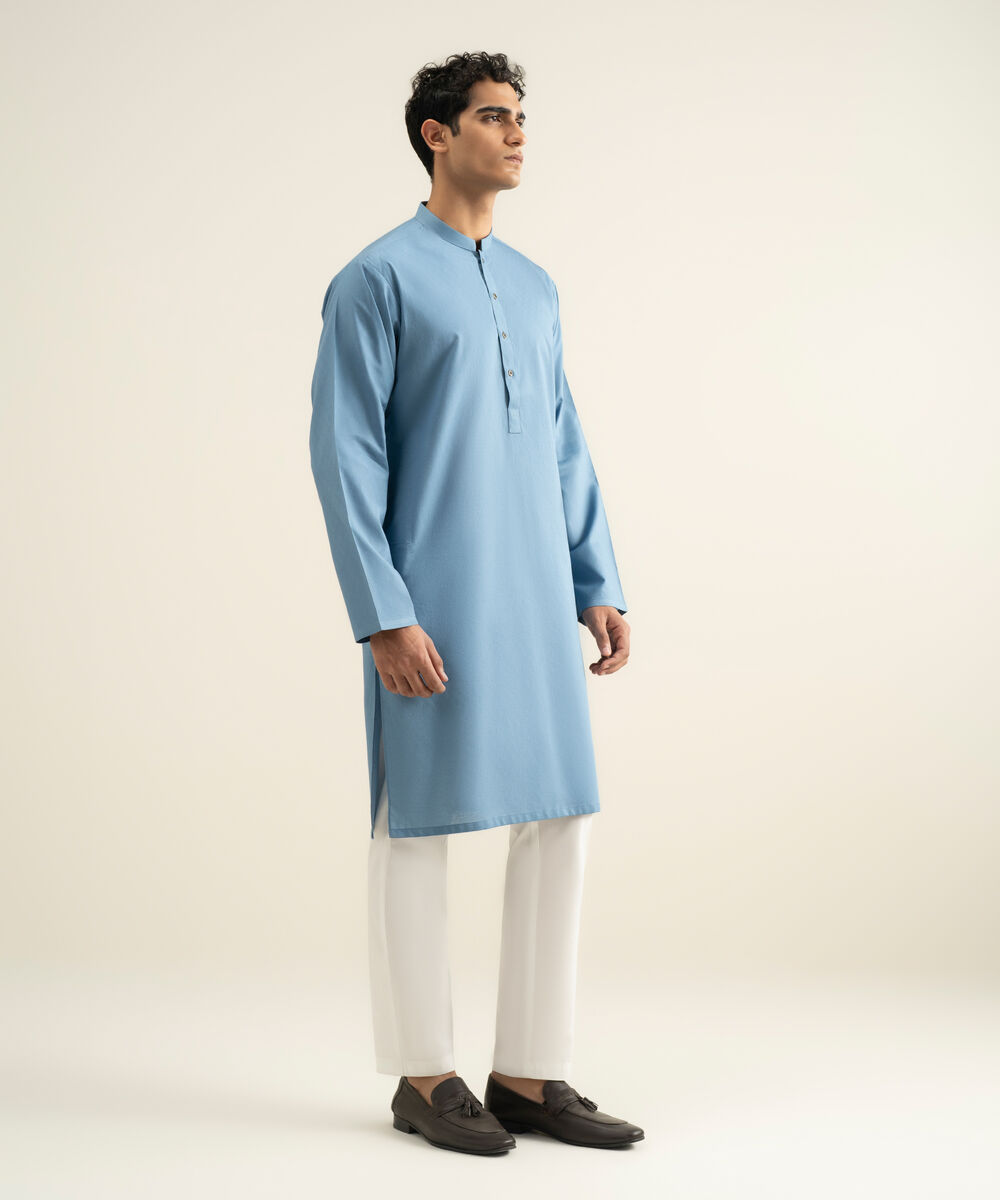 Men's blue Cotton Jacquard Kurta