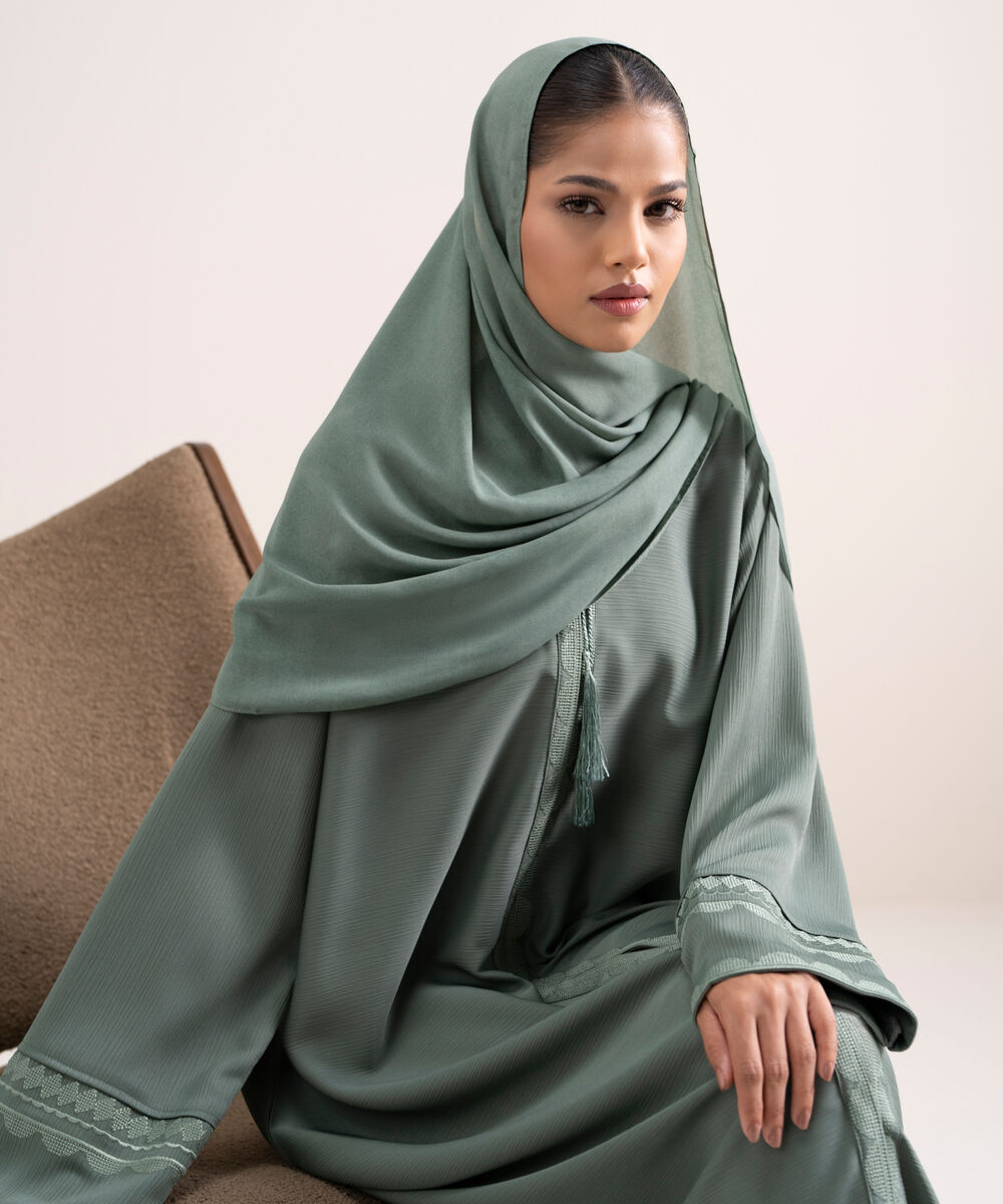 Women's Silky Textured Mint Green Regular Abbaya Set