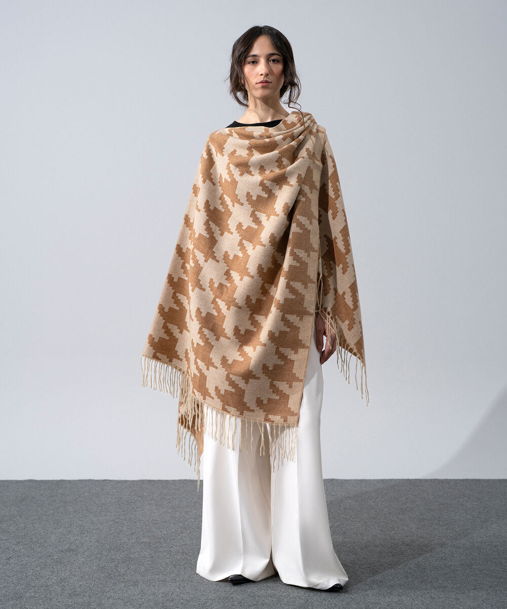 Women's Western Wear Light Brown Polyester Houndstooth Cape Shawl