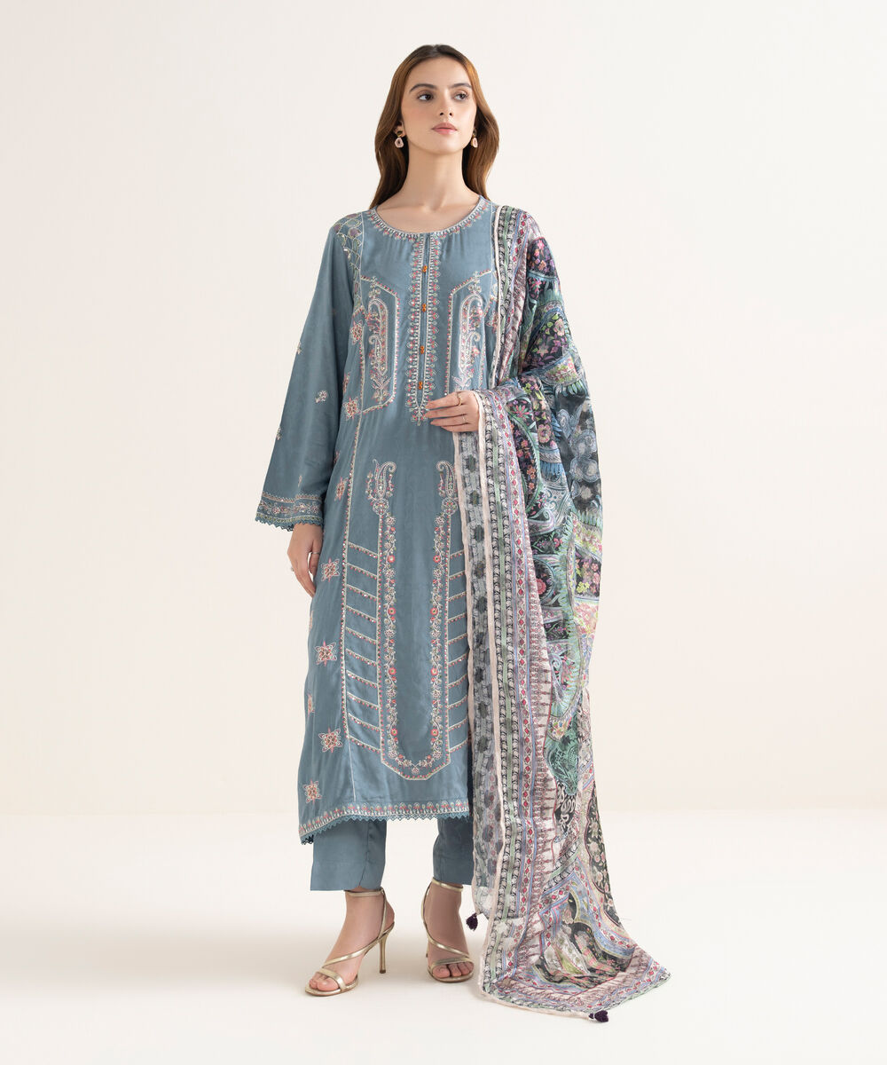 Women's RTW Textured Viscose Embroidered A-Line Blue Shirt