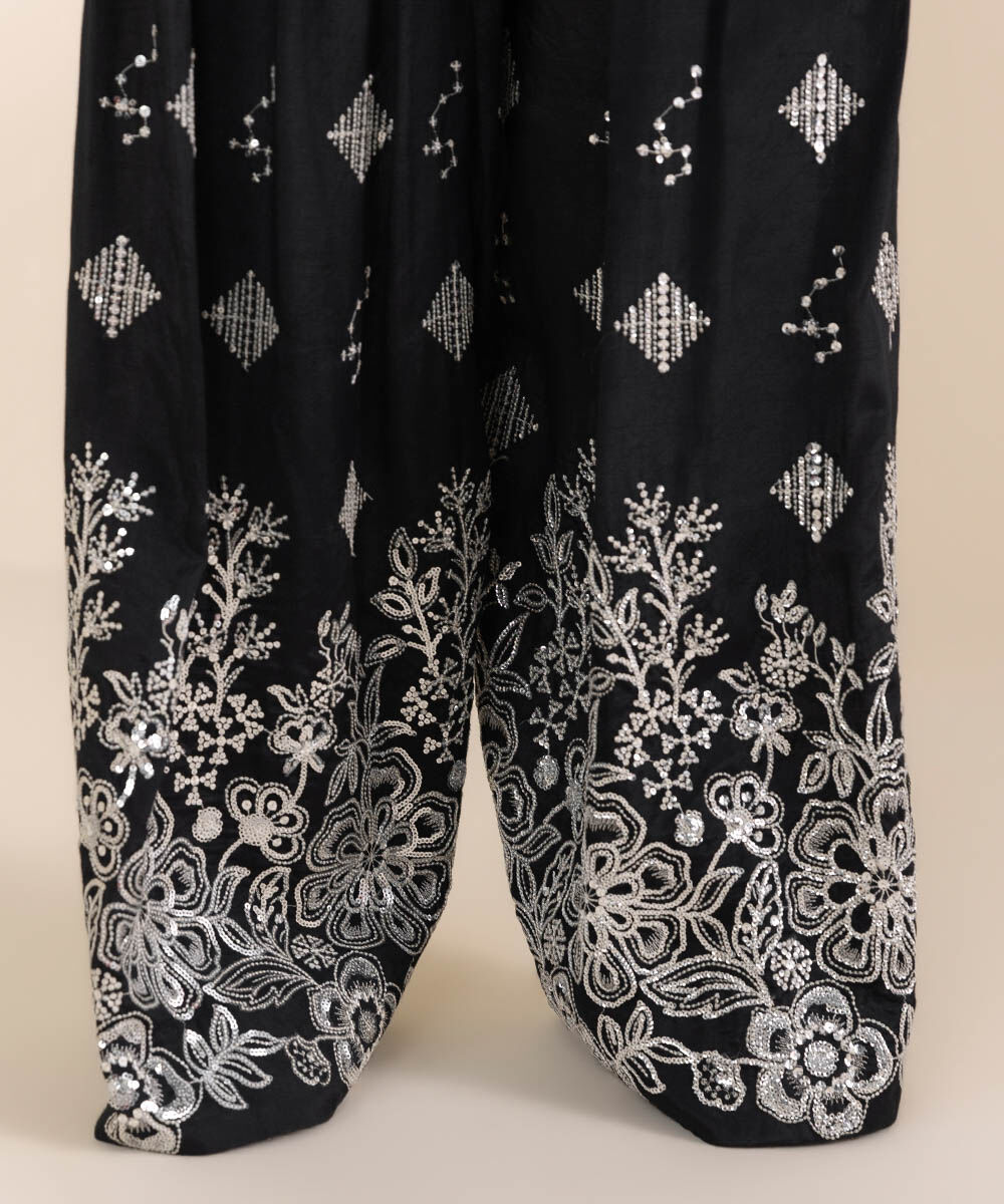 Unstitched Women's Black Cotton Satin Embroidered 3 Piece Suit