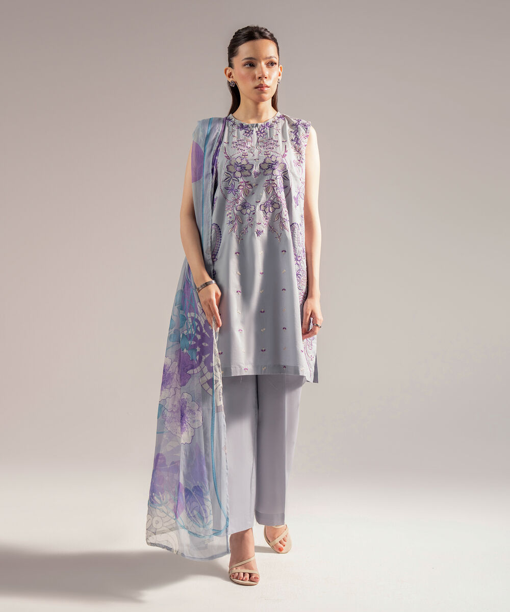 Women's RTW Cambric Embroidered Grey 3 Piece Suit