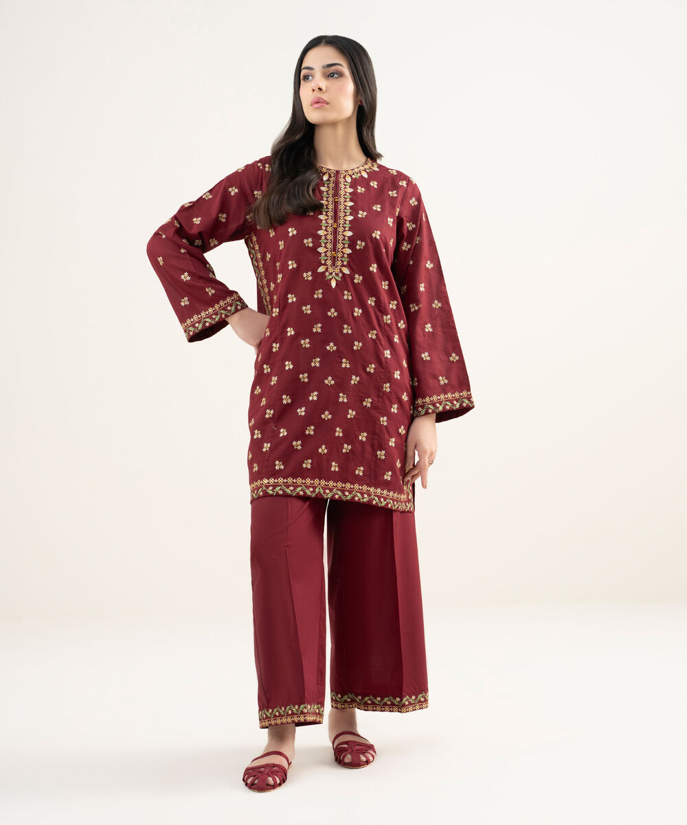 Women's RTW Dobby Embroidered Maroon Straight Shirt